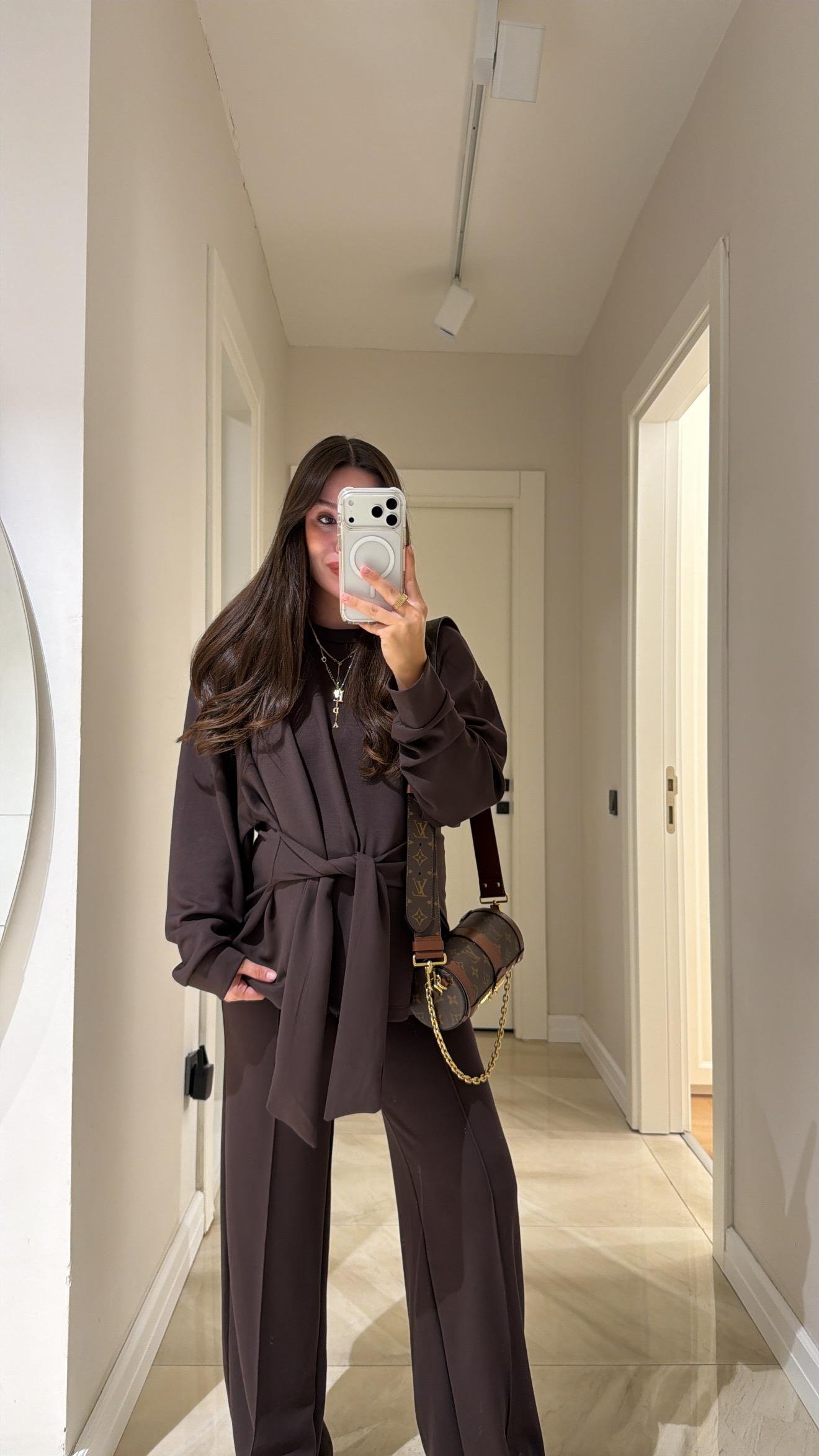 Kahve Bağlama Detaylı Sweat Pantolon Takım 