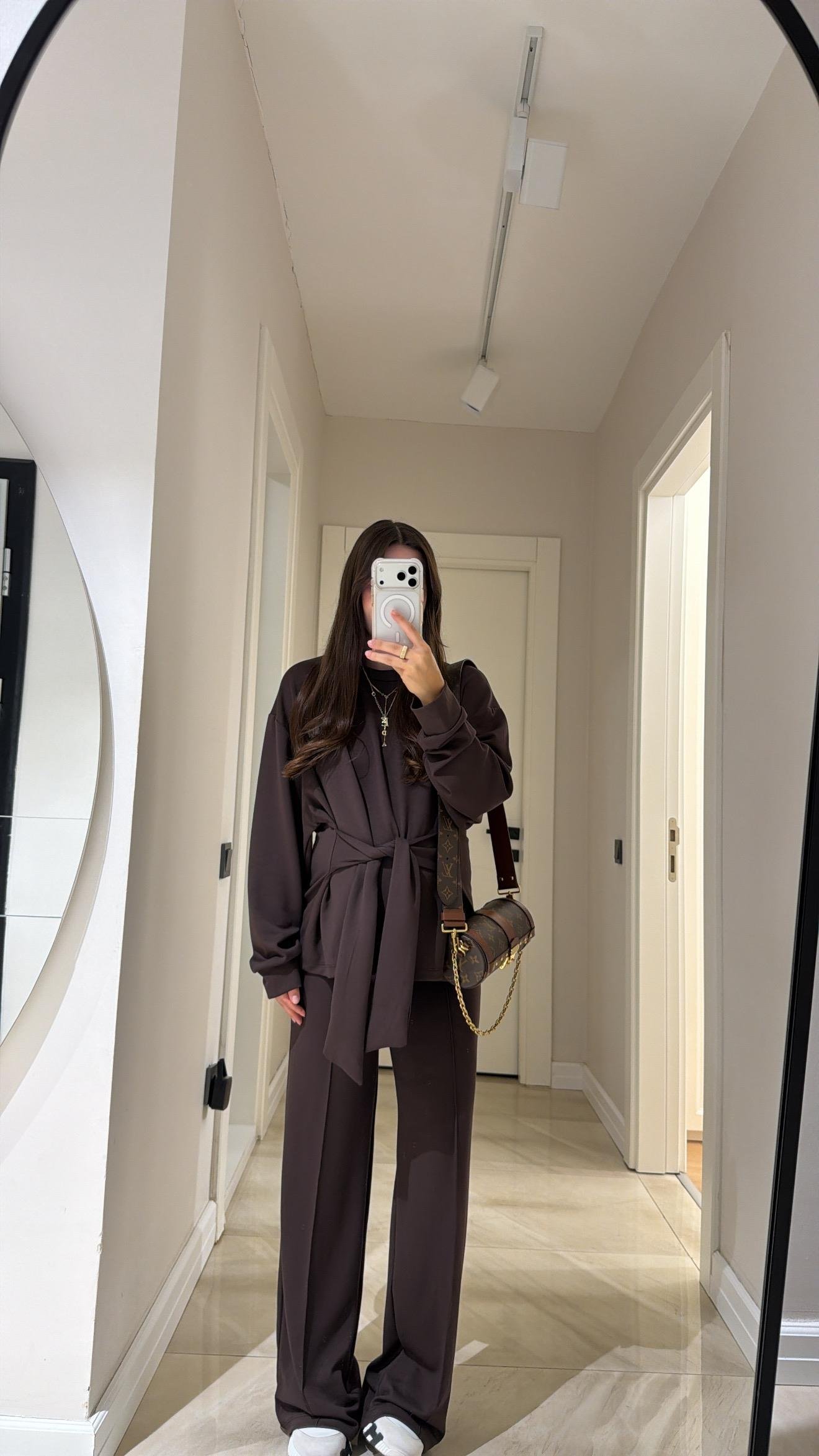 Kahve Bağlama Detaylı Sweat Pantolon Takım 