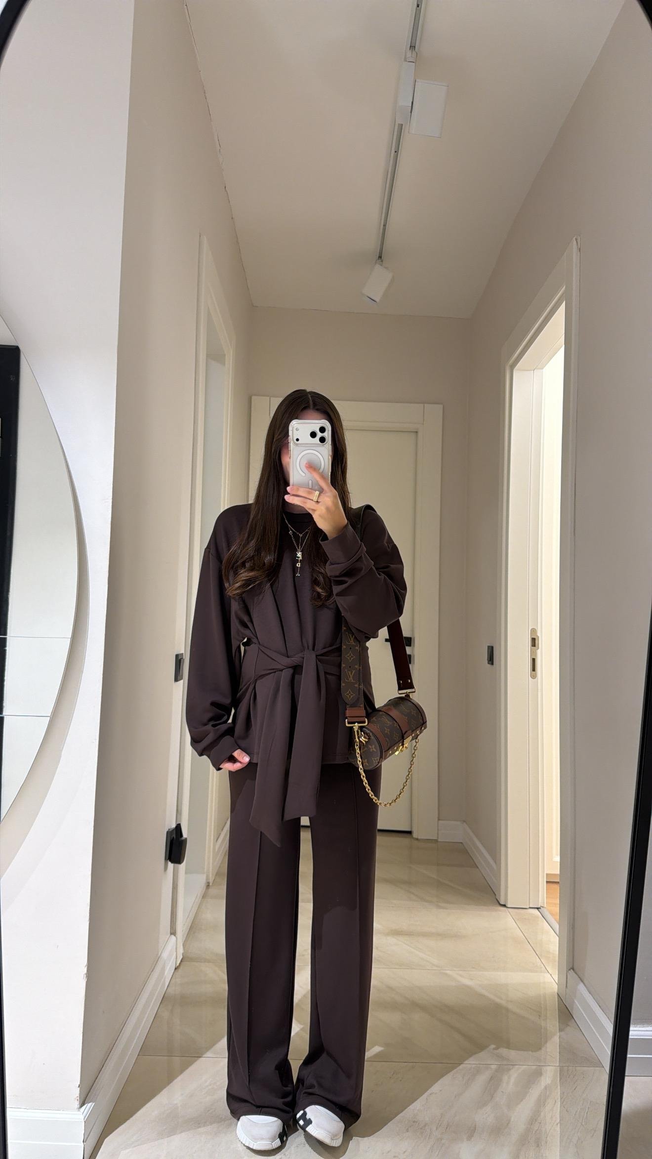 Kahve Bağlama Detaylı Sweat Pantolon Takım 