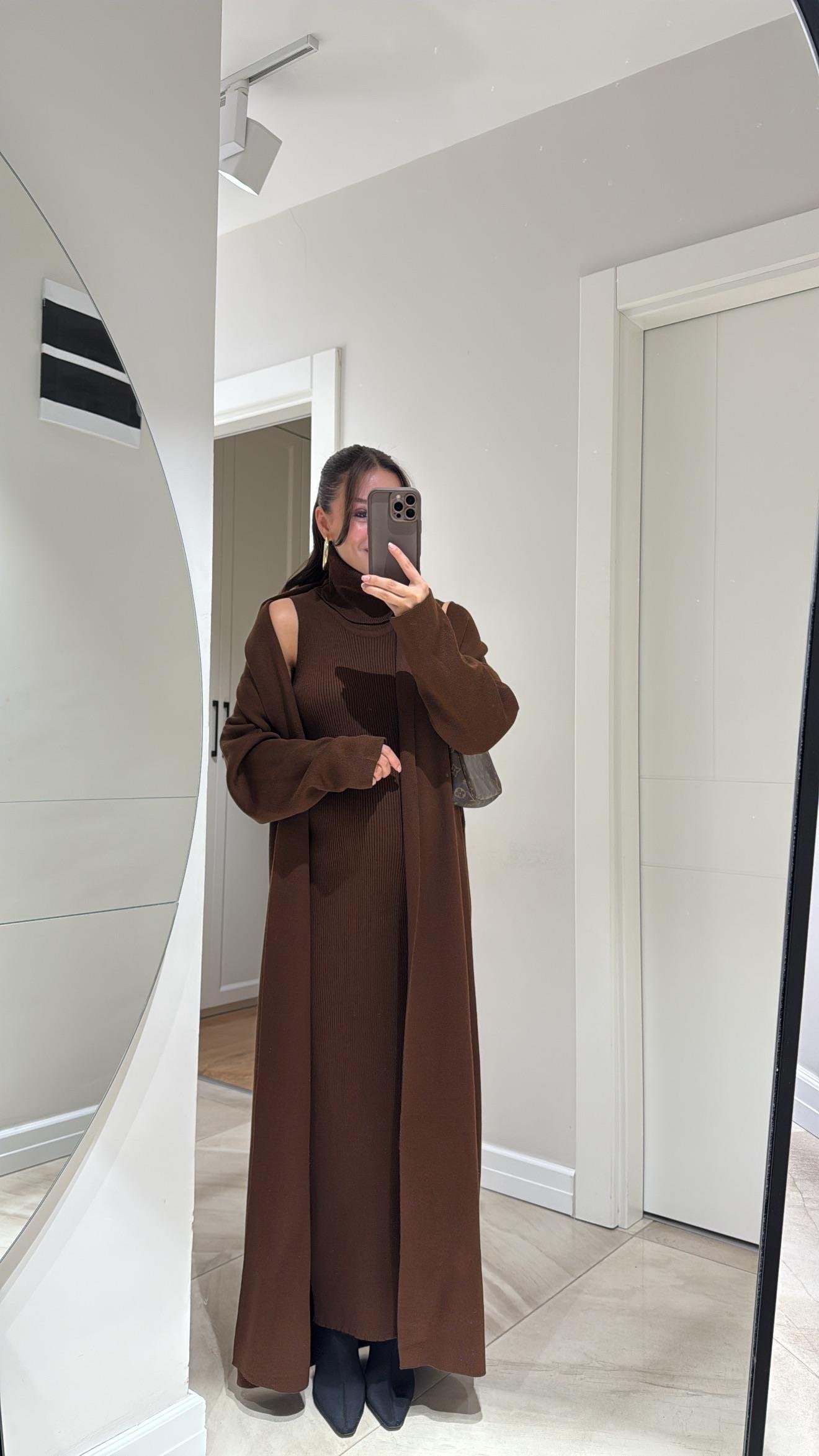 Kahve Balıkçı Yaka Elbiseli Hırka Takım 