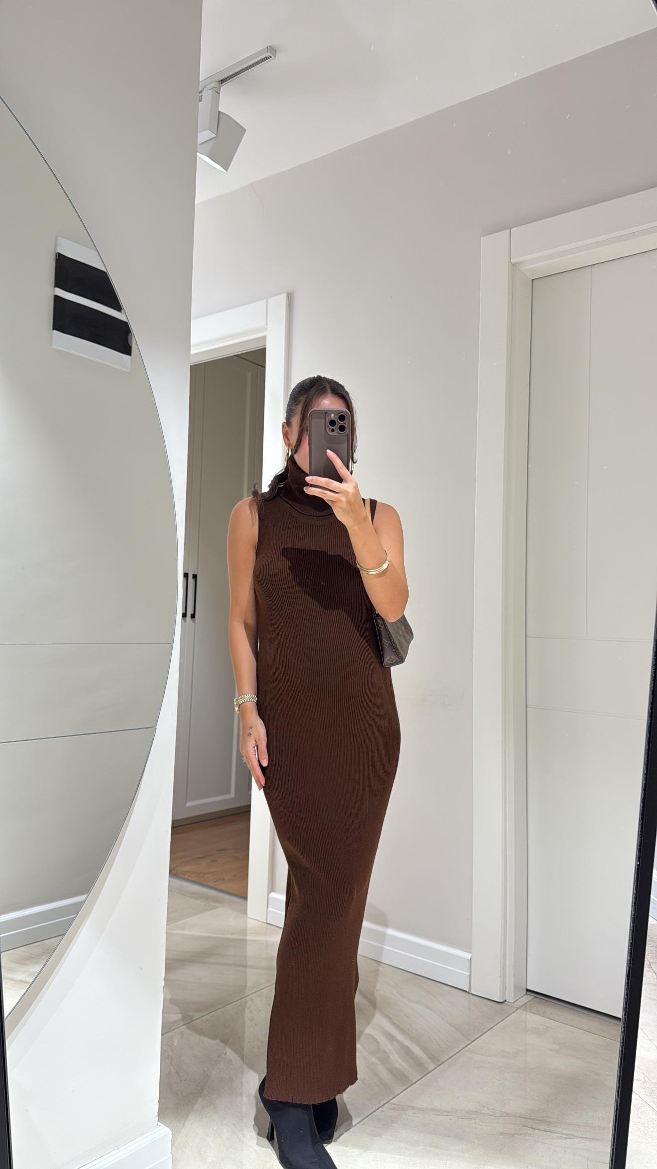 Kahve Balıkçı Yaka Elbiseli Hırka Takım 