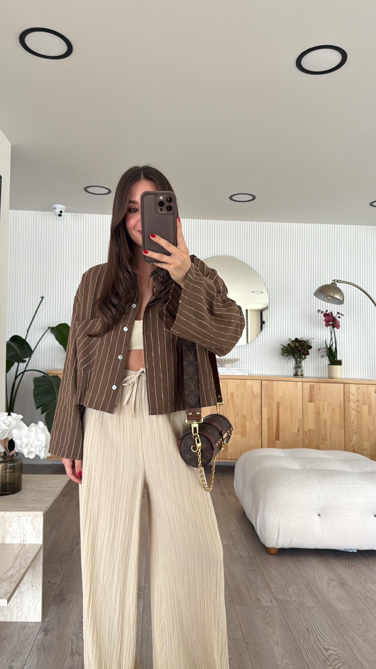 Kahve Bej Çizgili Tek Cepli Crop Gömlek 