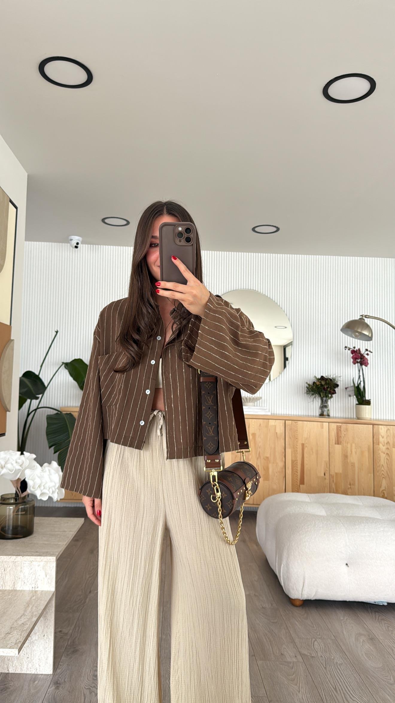 Kahve Bej Çizgili Tek Cepli Crop Gömlek 