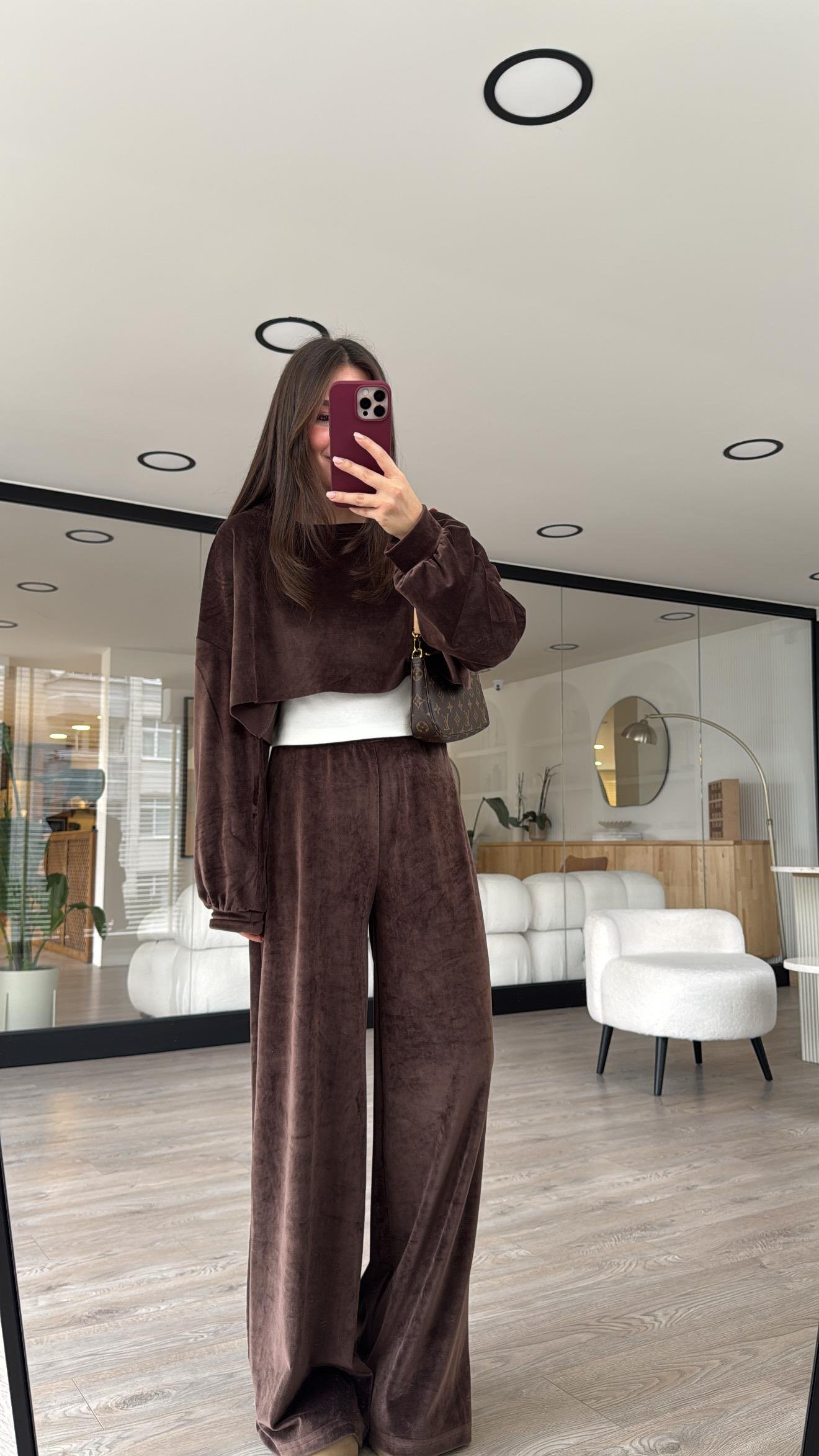 Kahve Bel Lastikli Kadife Bol Pantolon