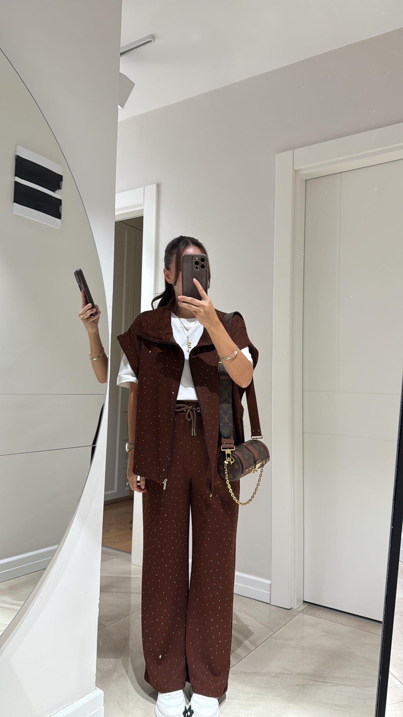 Kahve Bel Lastikli Taşlı Pantolon Takım