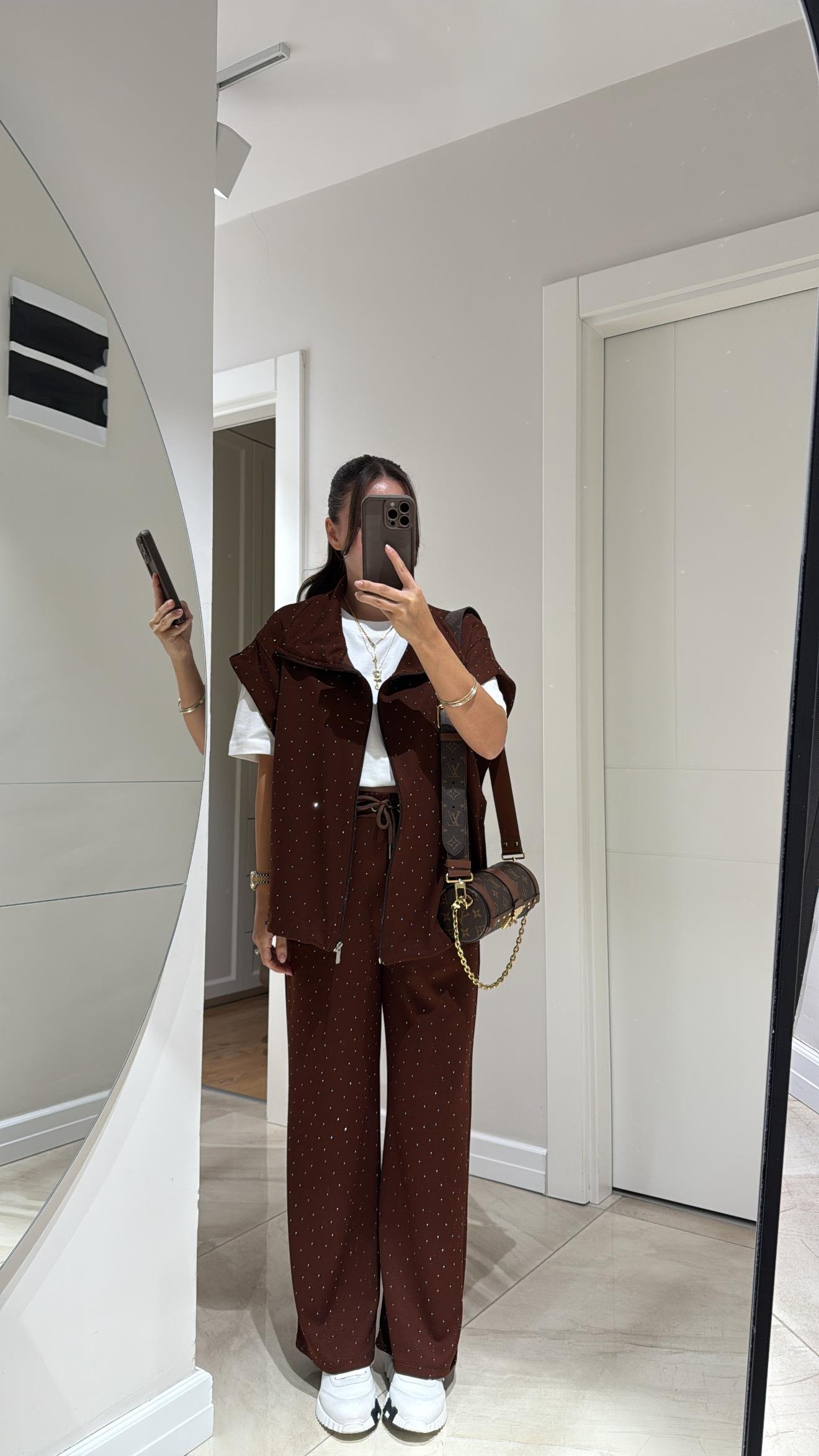 Kahve Bel Lastikli Taşlı Pantolon Takım