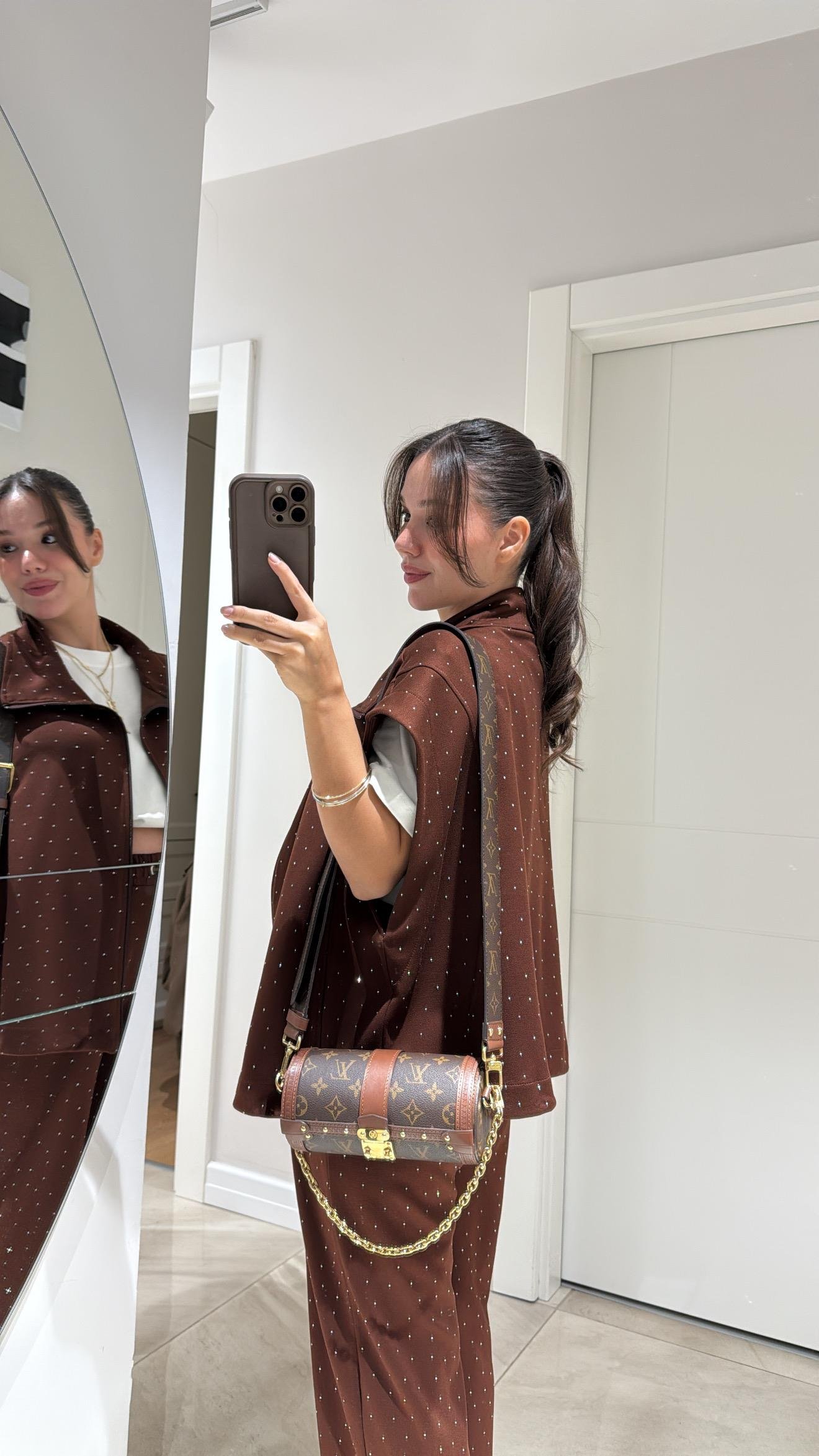 Kahve Bel Lastikli Taşlı Pantolon Takım