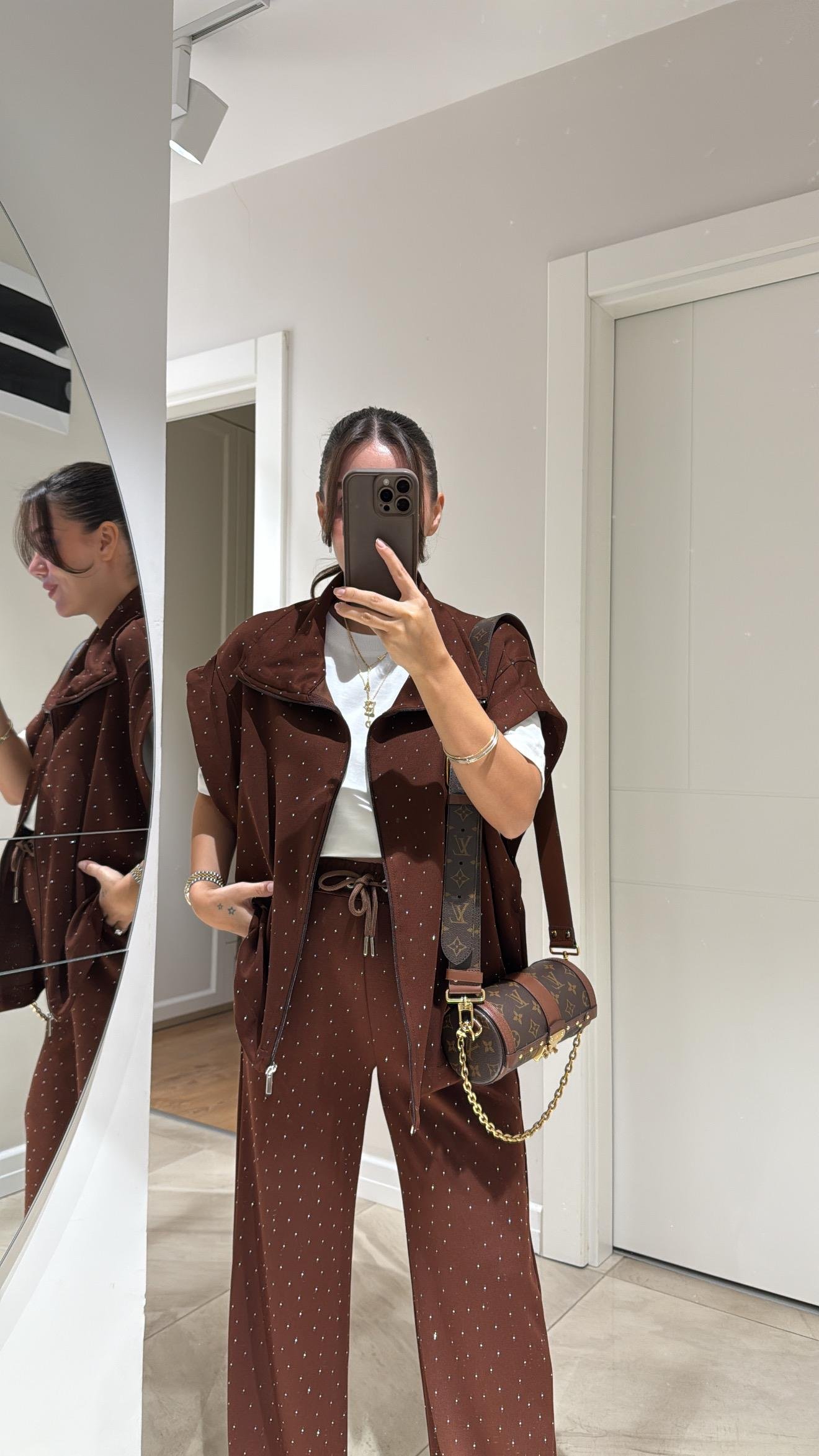 Kahve Bel Lastikli Taşlı Pantolon Takım