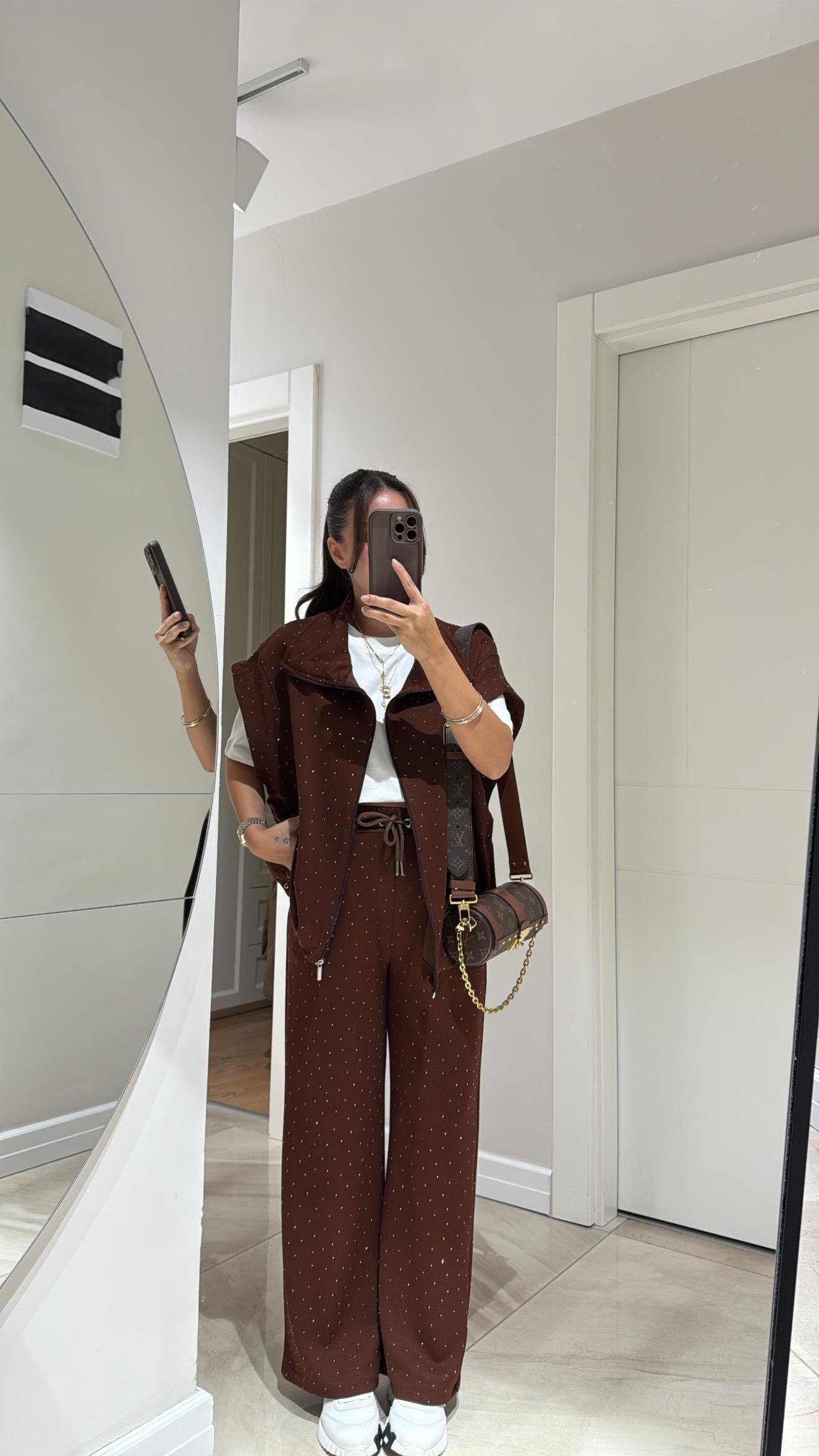 Kahve Bel Lastikli Taşlı Pantolon Takım