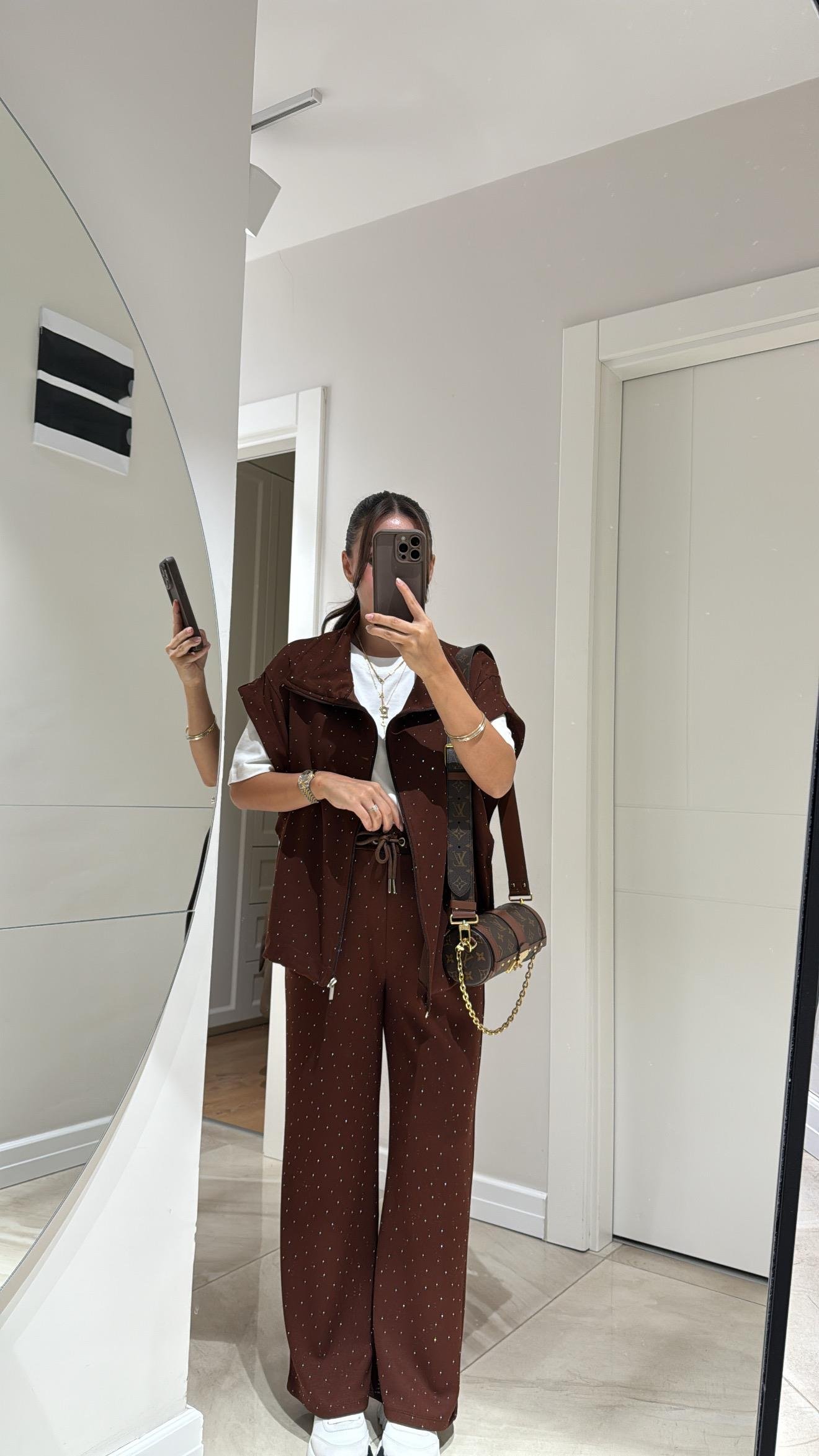 Kahve Bel Lastikli Taşlı Pantolon Takım