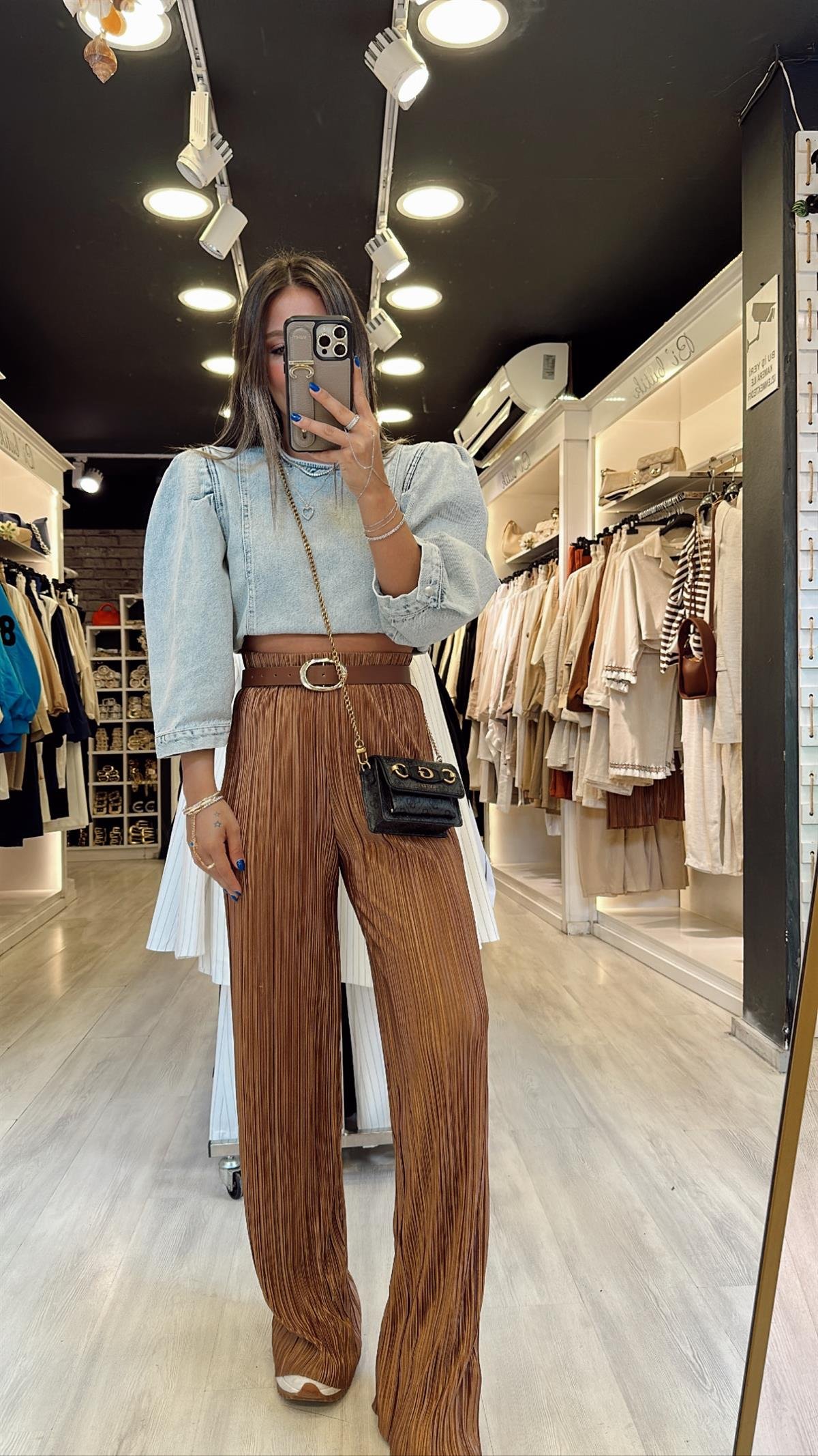 Kahve Beli Lastikli Krinkıl Kumaş Pantolon 