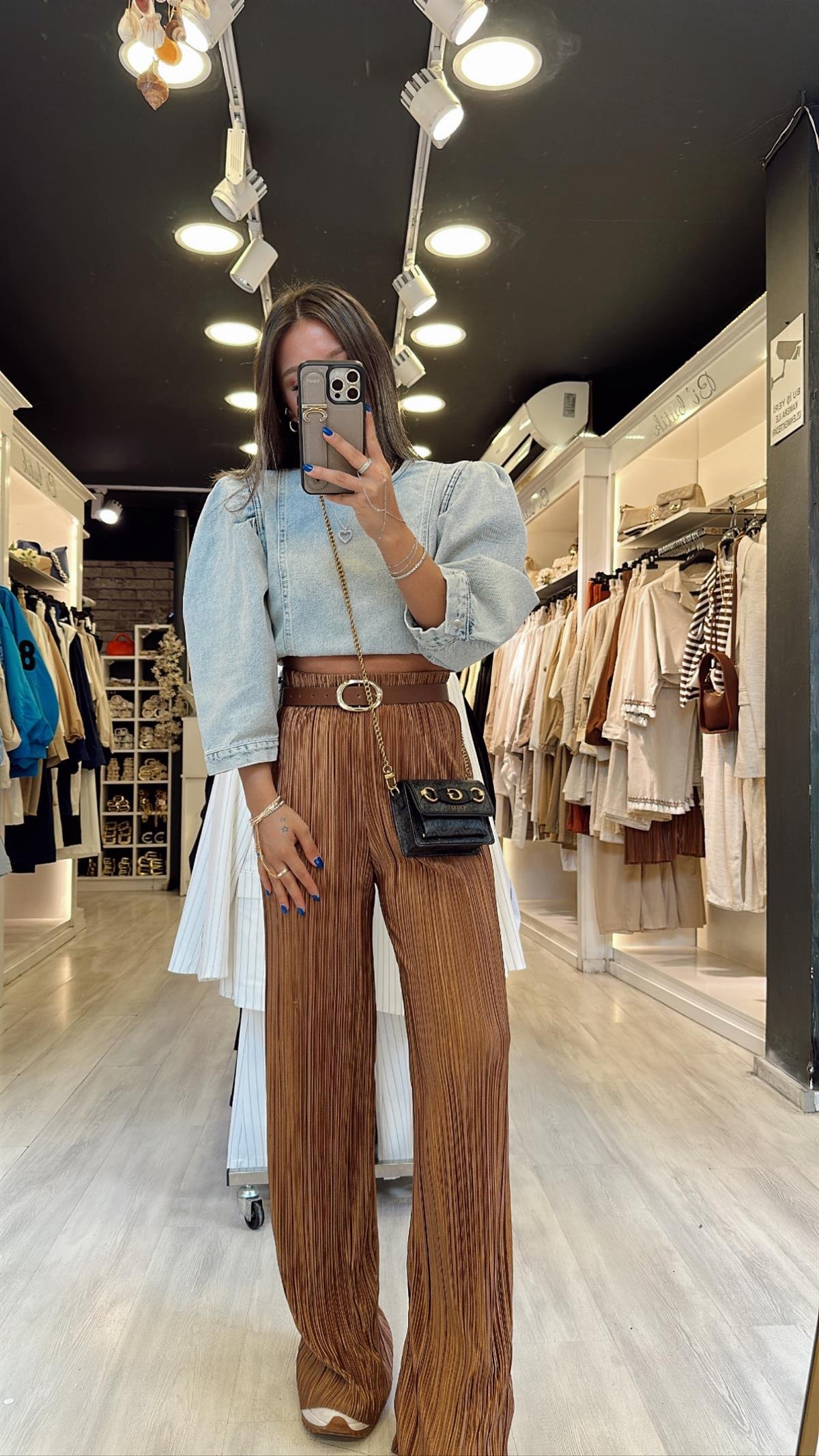 Kahve Beli Lastikli Krinkıl Kumaş Pantolon 