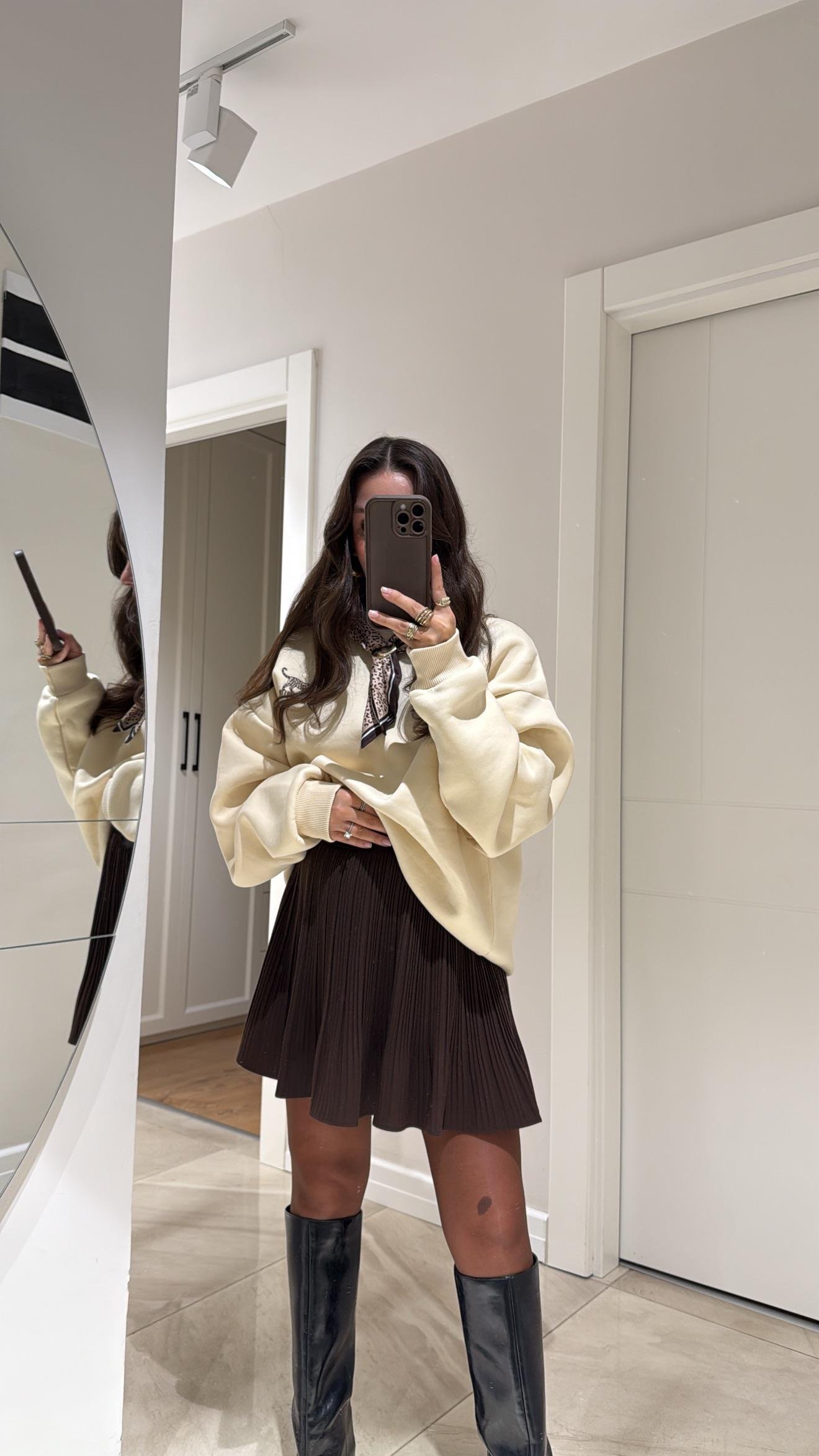 Kahve Beli Lastikli Pileli Mini Etek