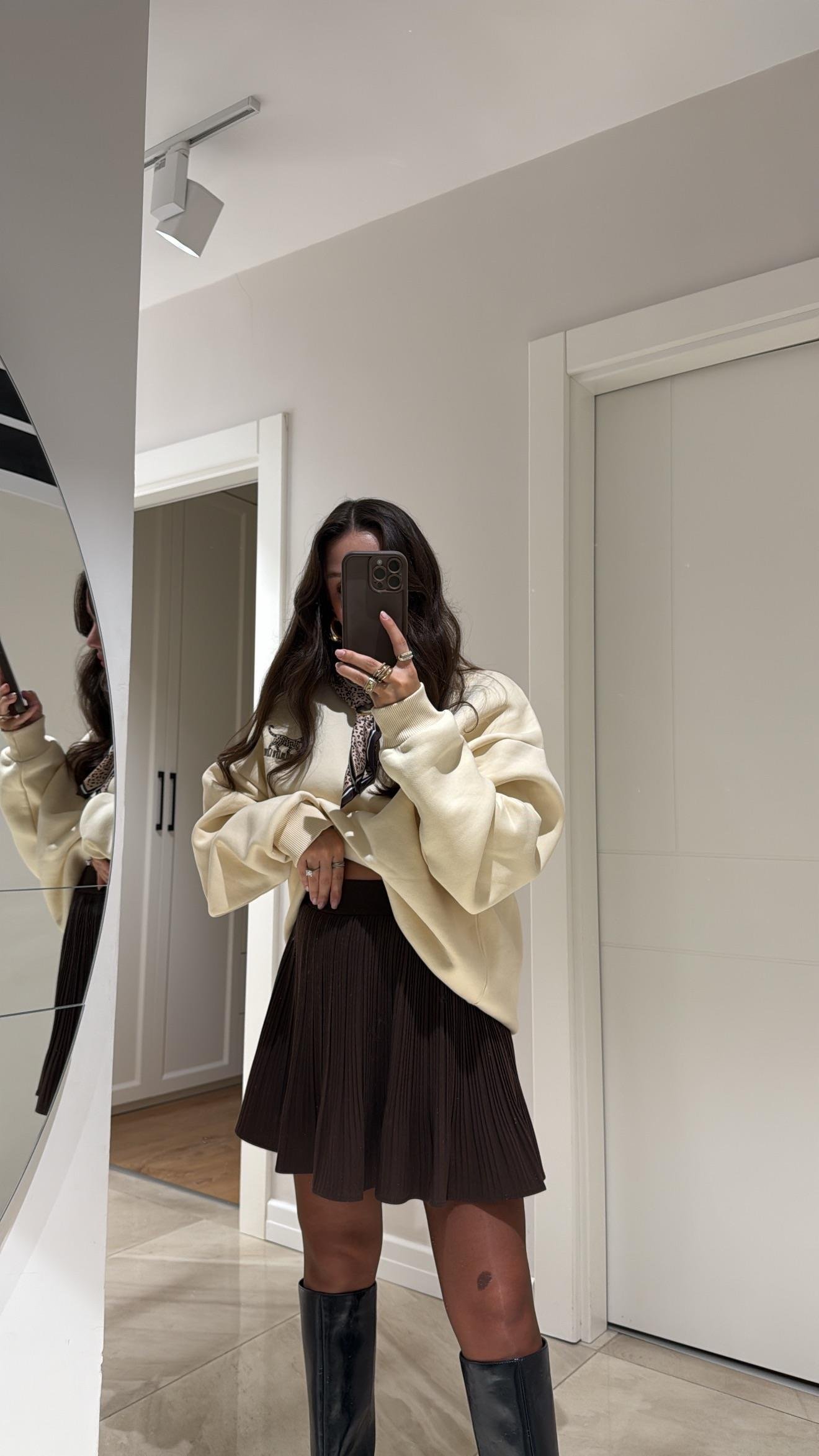 Kahve Beli Lastikli Pileli Mini Etek