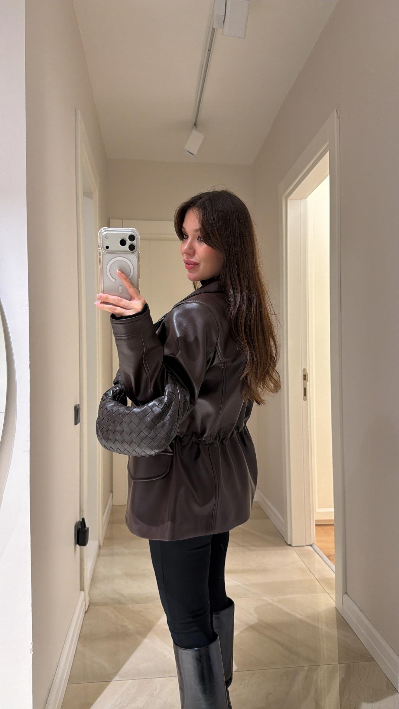 Kahve Beli Lastikli Ravi Deri Ceket 