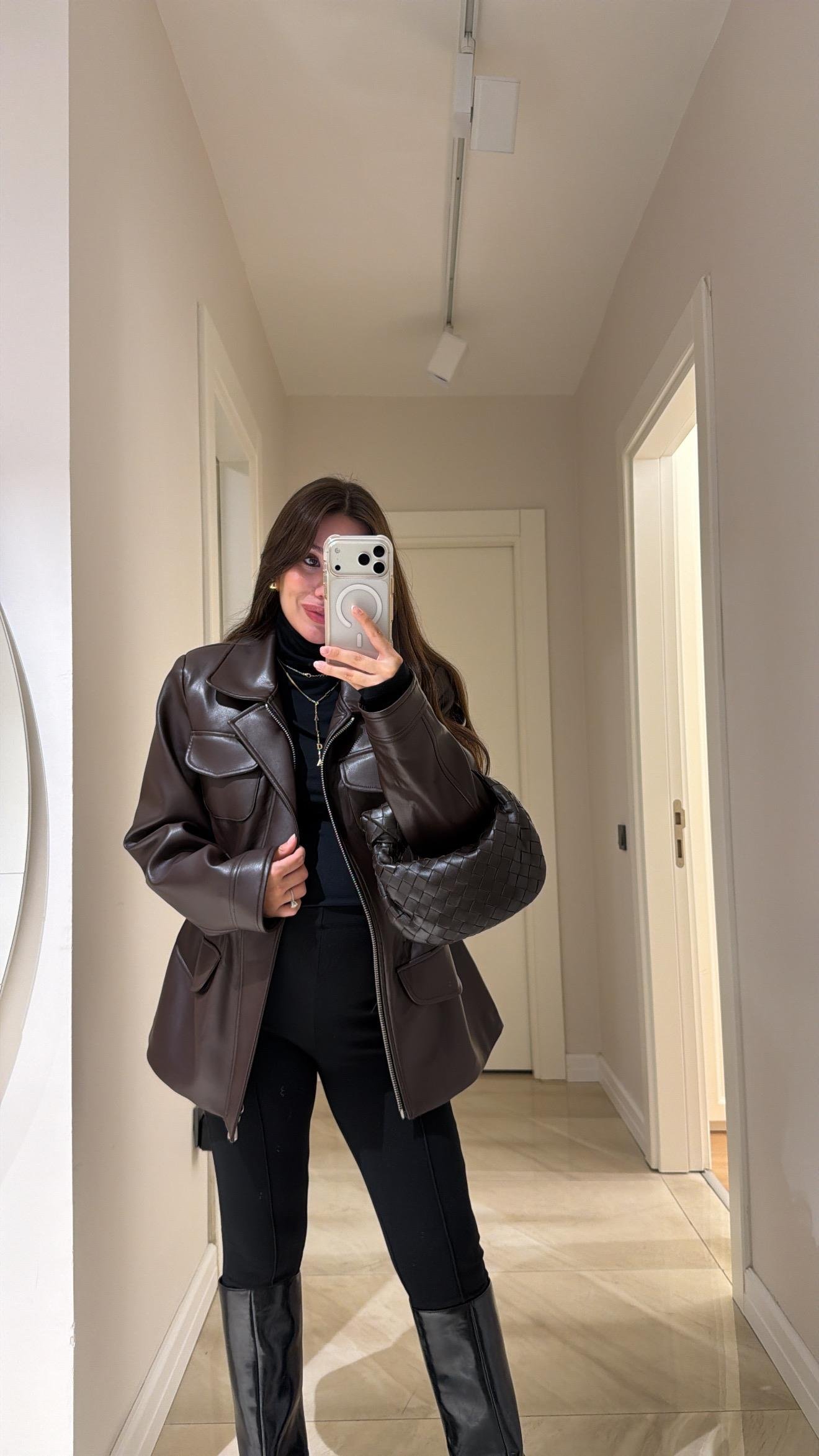 Kahve Beli Lastikli Ravi Deri Ceket 