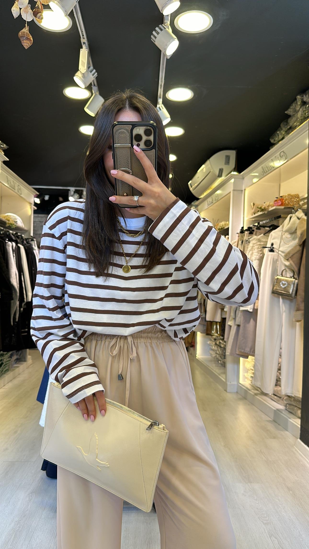 Kahve Beyaz Çizgili Basic Sweat