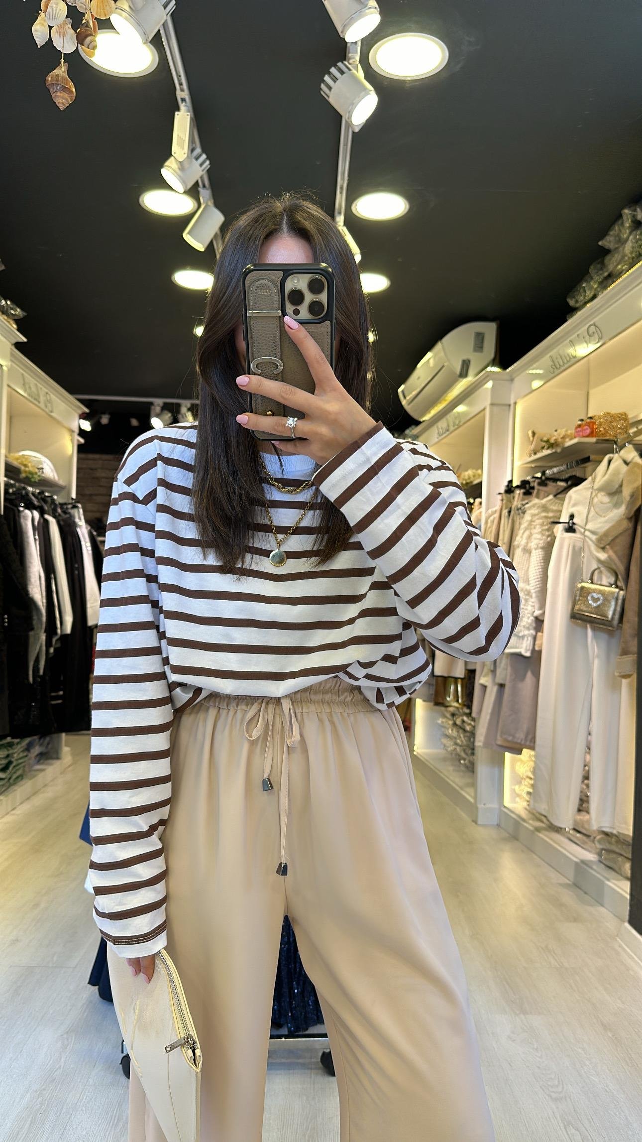 Kahve Beyaz Çizgili Basic Sweat