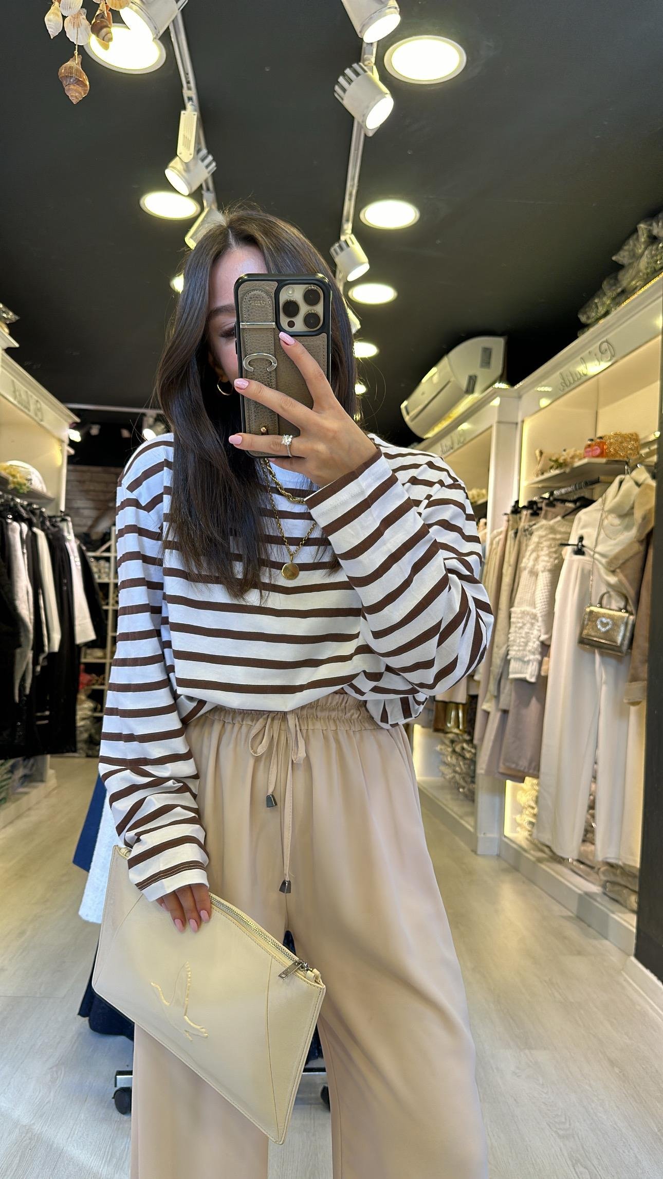 Kahve Beyaz Çizgili Basic Sweat