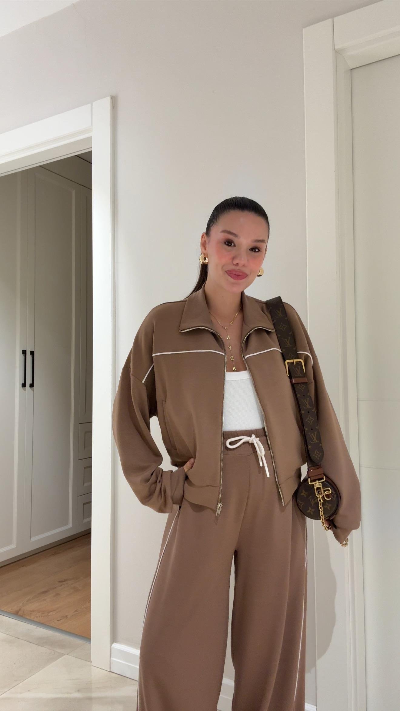 Kahve Biyeli Fermuarlı Pantolon Takım 