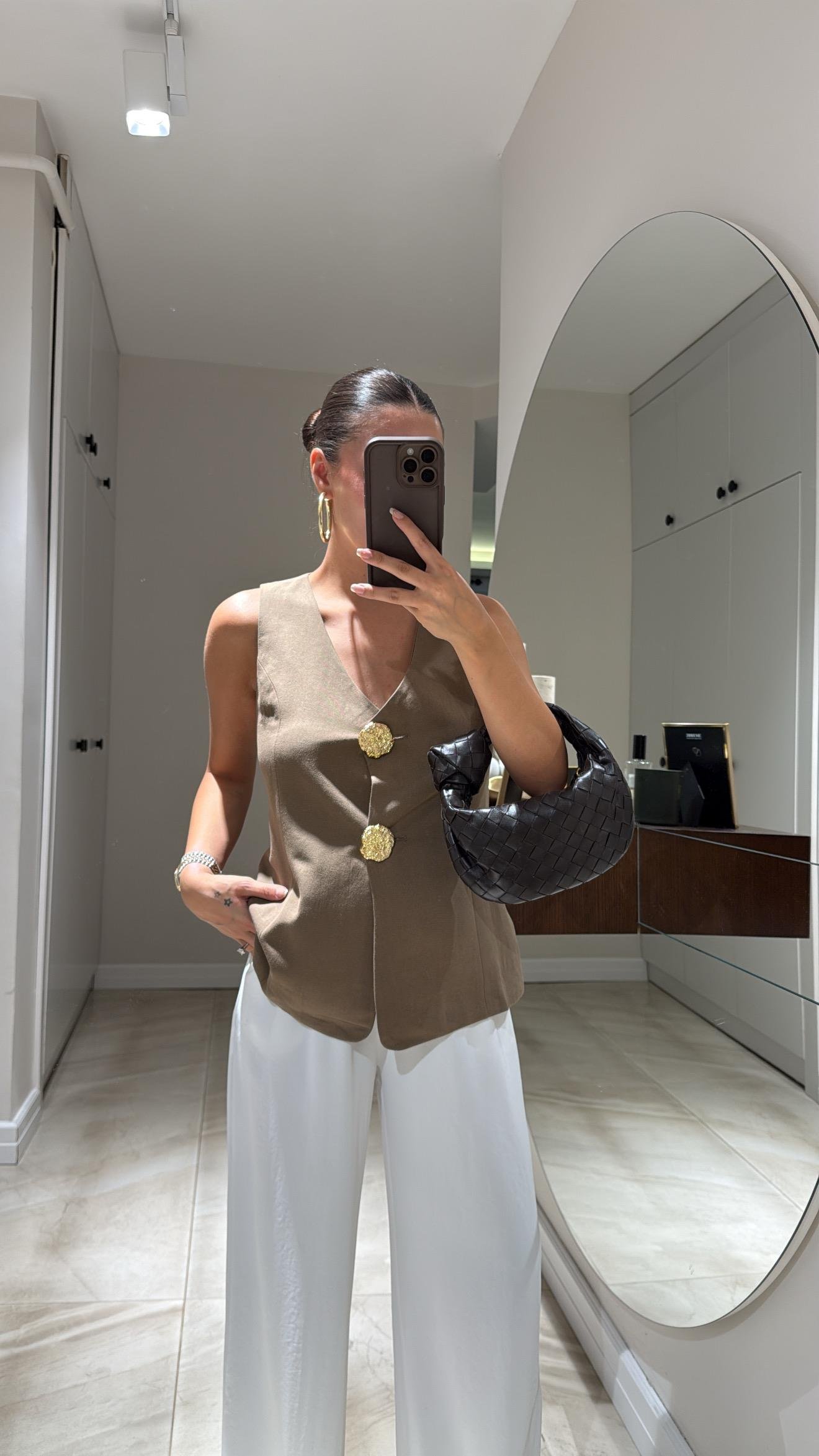 Kahve Büyük Gold Düğmeli Keten Yelek 