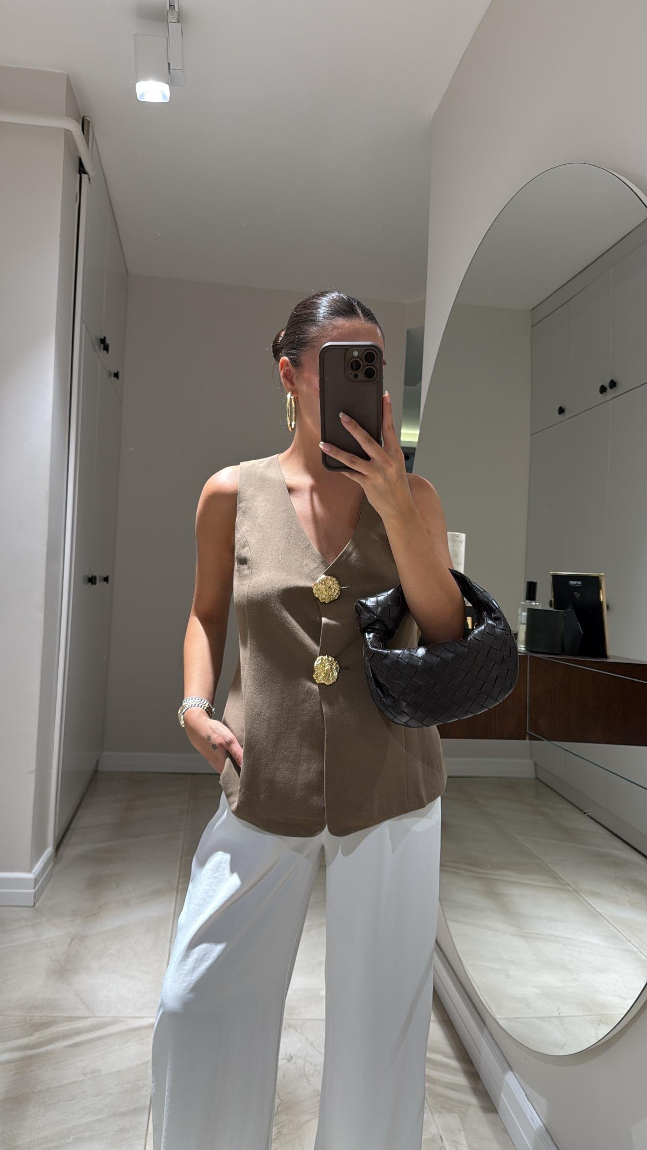 Kahve Büyük Gold Düğmeli Keten Yelek 