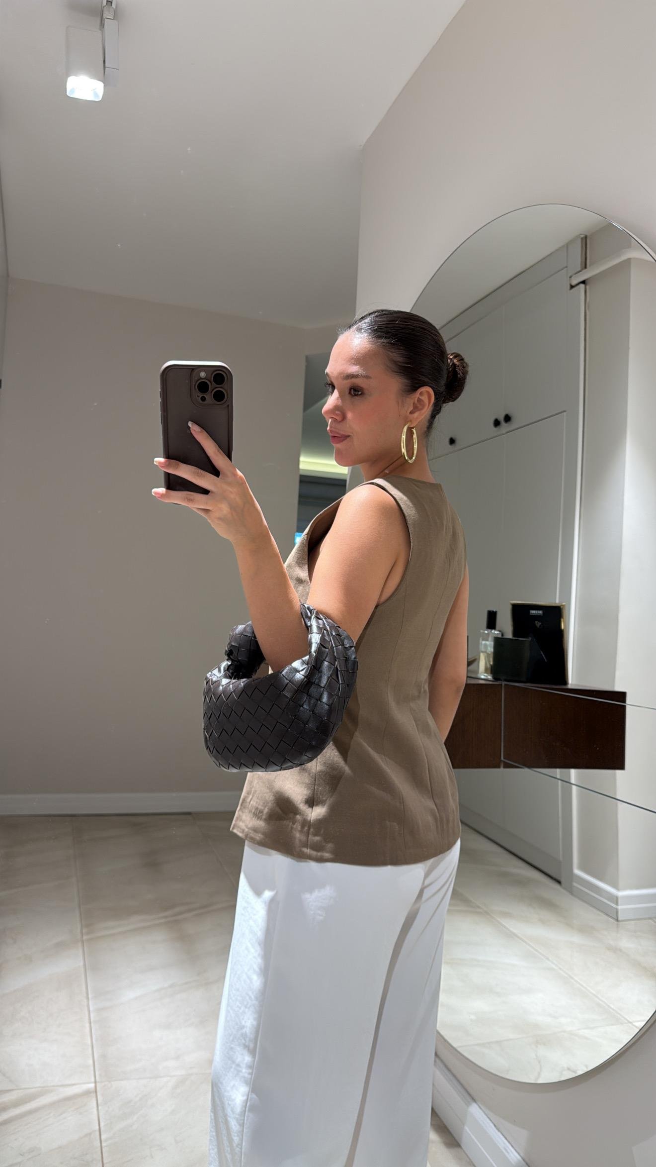 Kahve Büyük Gold Düğmeli Keten Yelek 