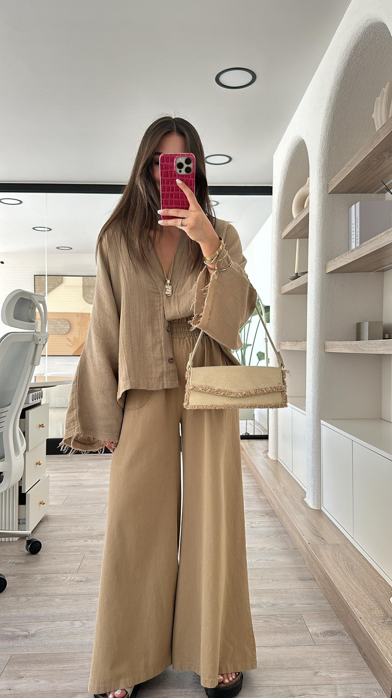 Kahve Cep Detaylı Bol Paça Keten Pantolon