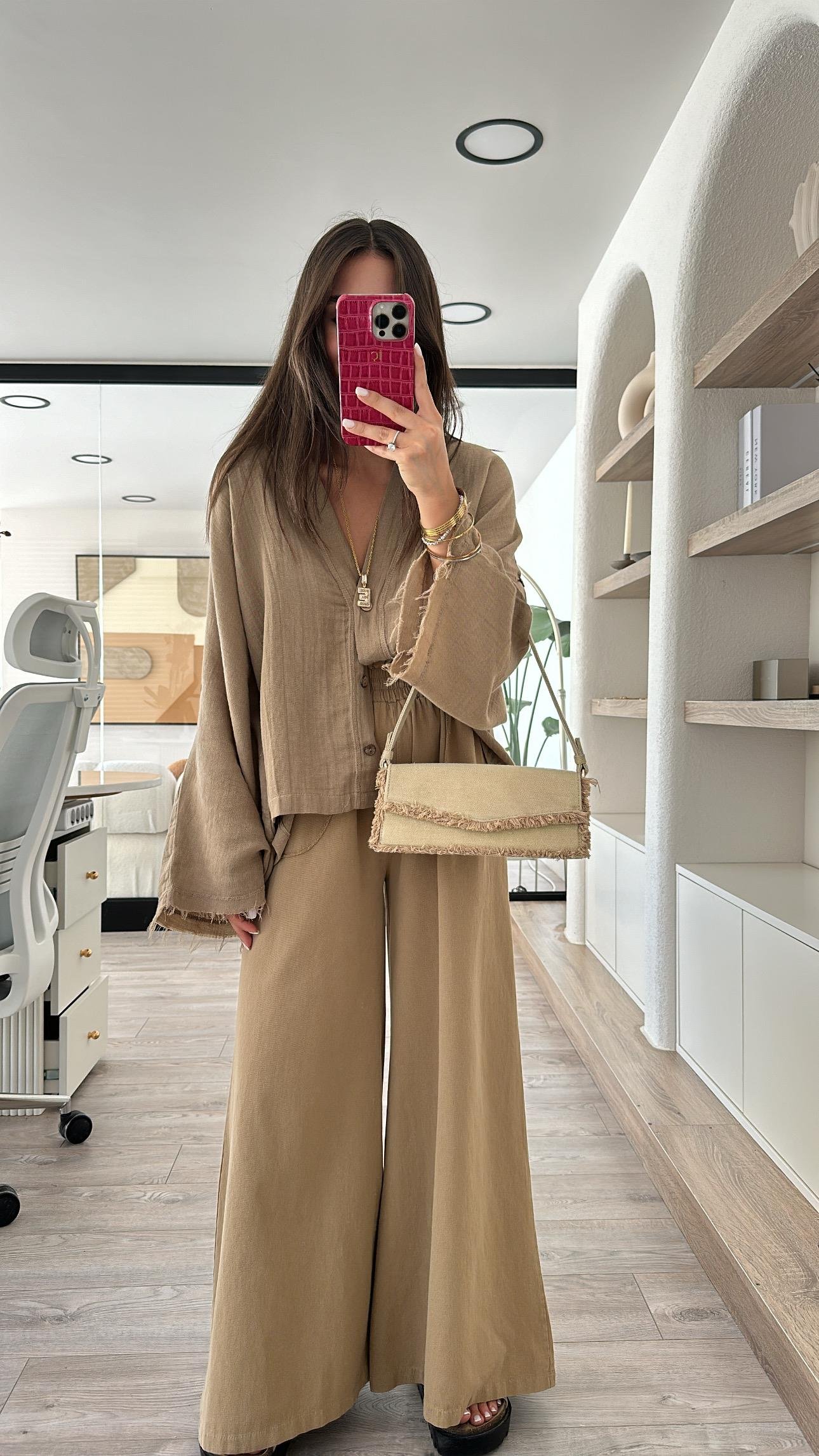 Kahve Cep Detaylı Bol Paça Keten Pantolon