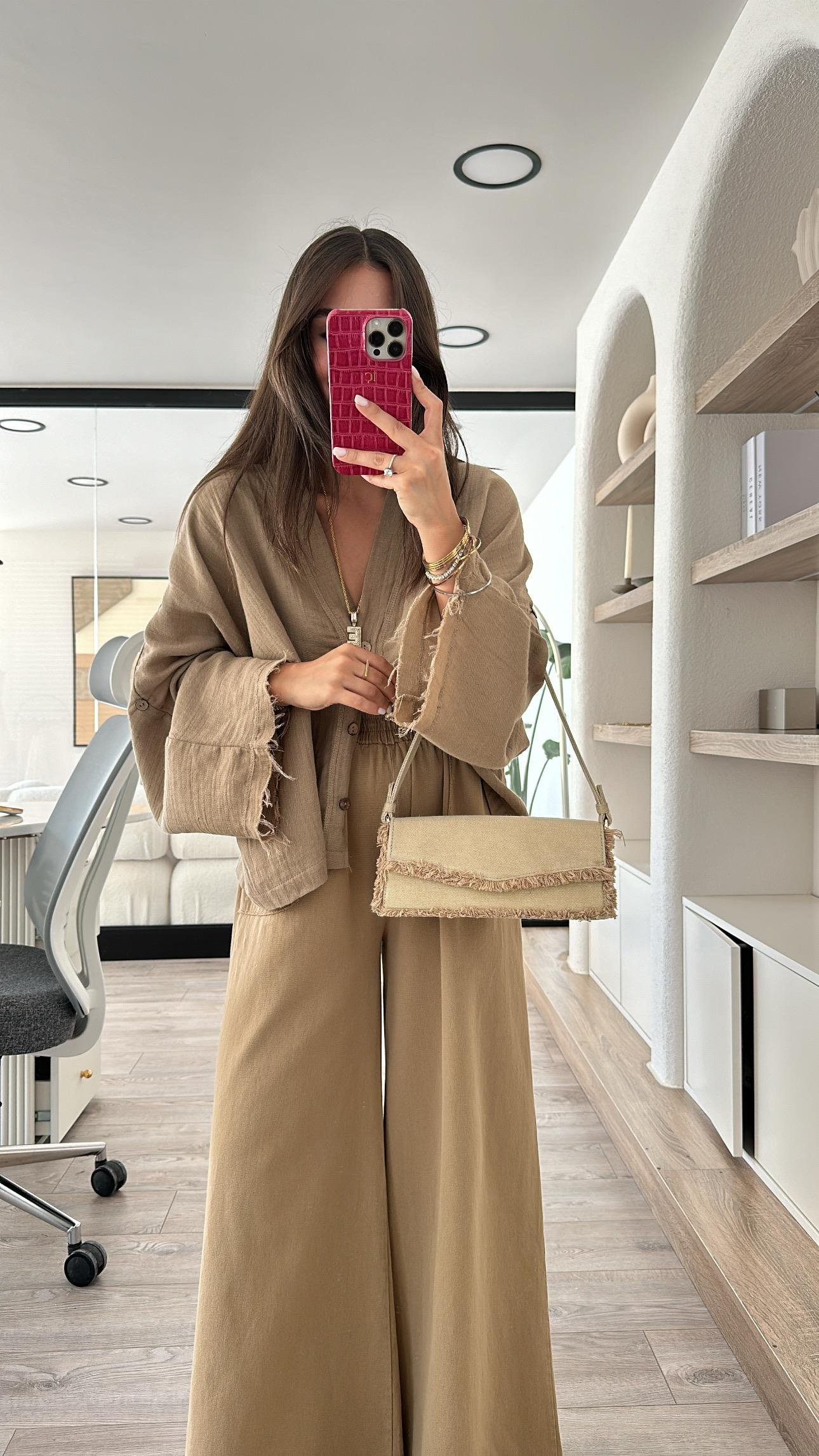 Kahve Cep Detaylı Bol Paça Keten Pantolon