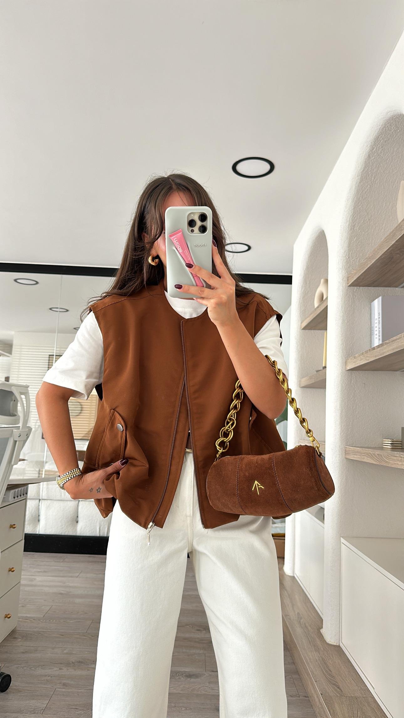 Kahve Cep Detaylı Pileli Bomber Yelek