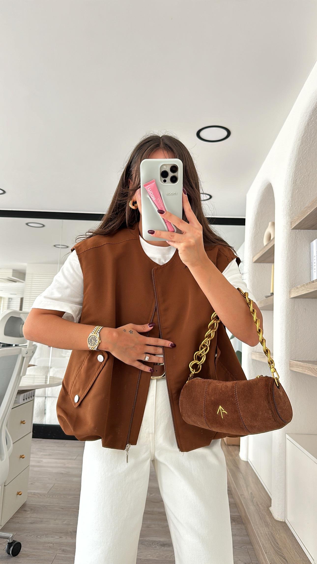 Kahve Cep Detaylı Pileli Bomber Yelek