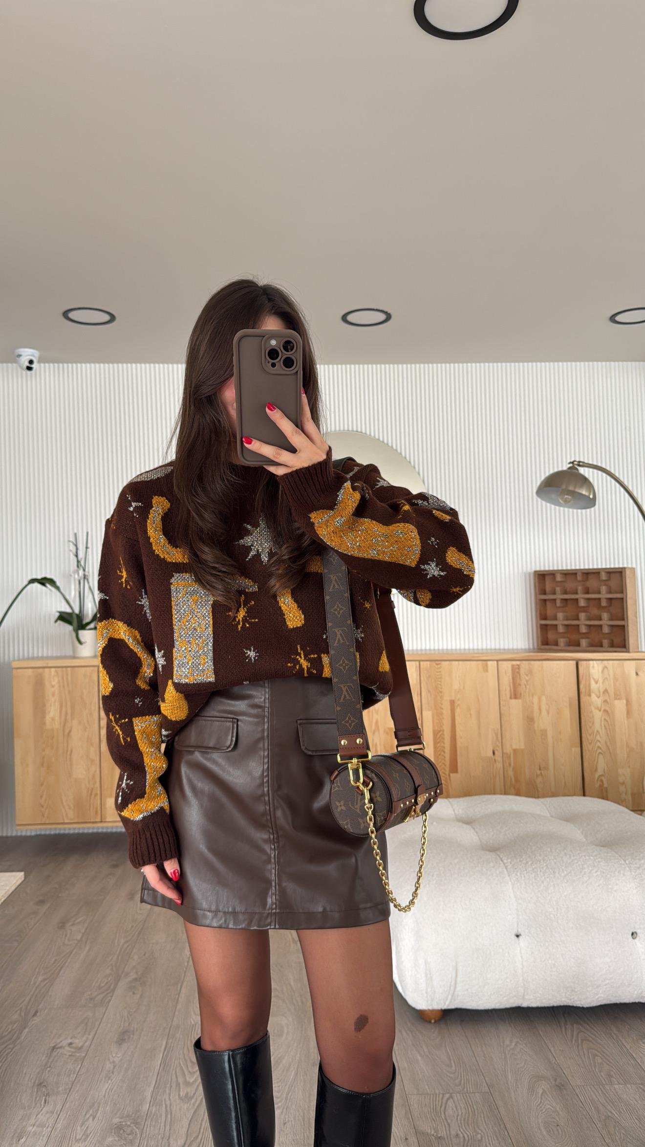 Kahve Yan Fermuarlı Deri Etek