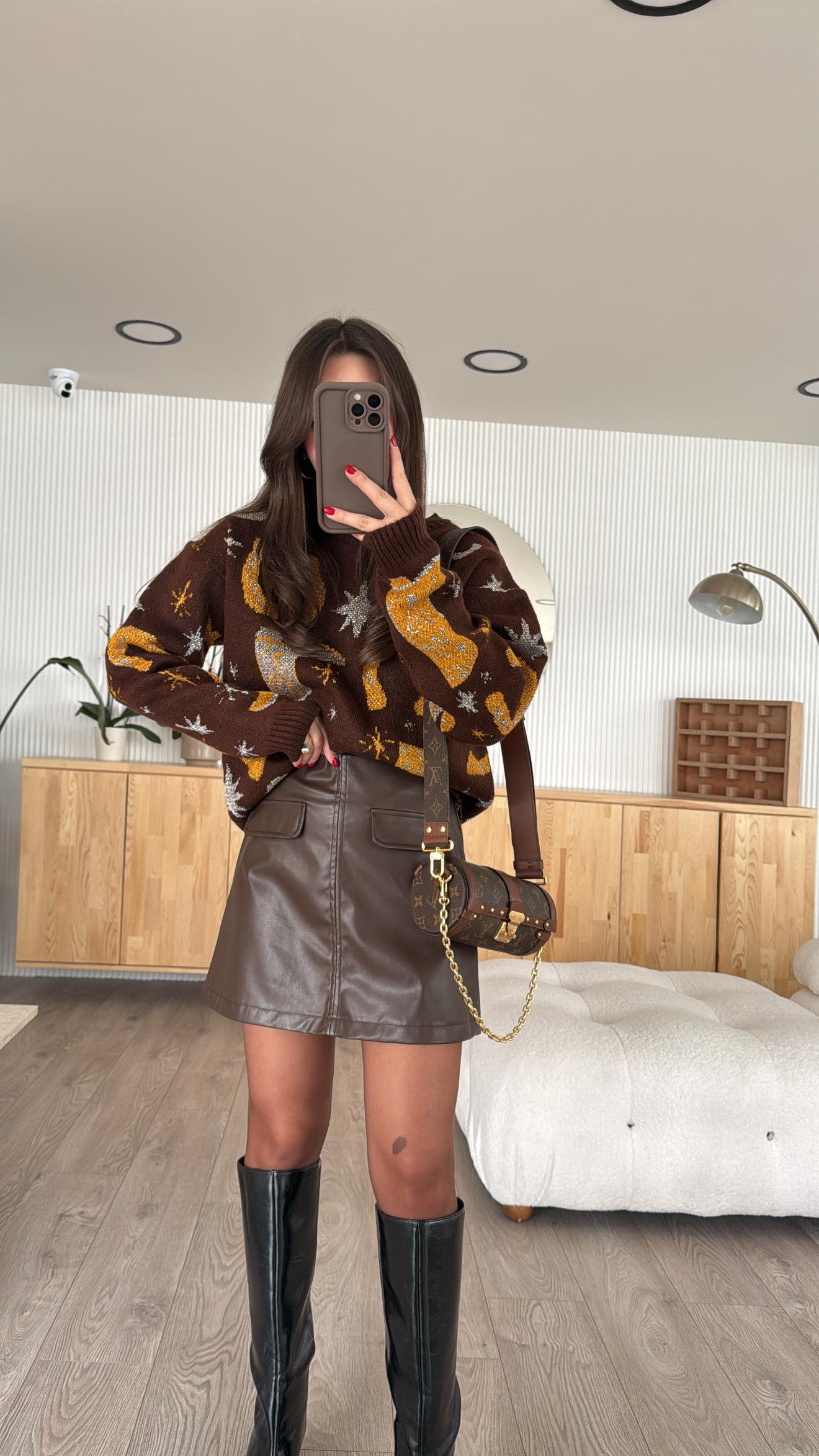 Kahve Yan Fermuarlı Deri Etek