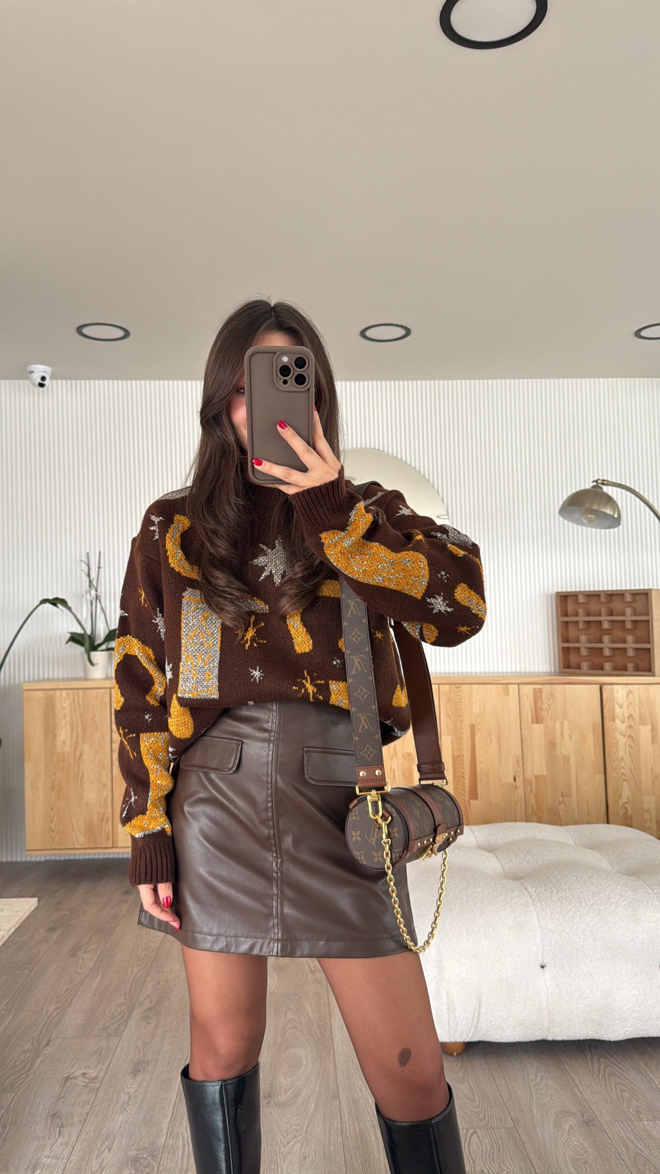 Kahve Yan Fermuarlı Deri Etek