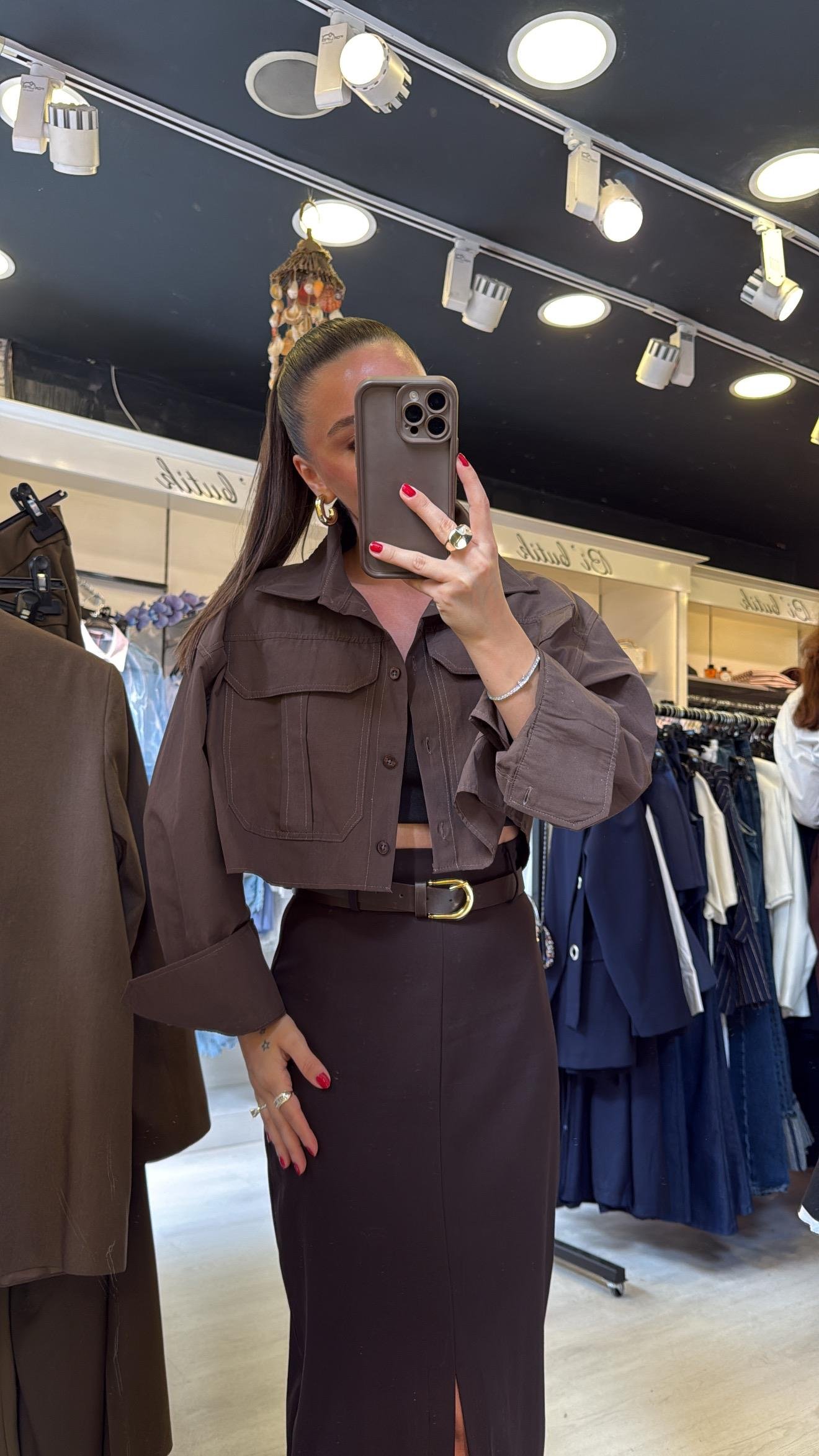 Kahve Çift Cepli Crop Gömlek 