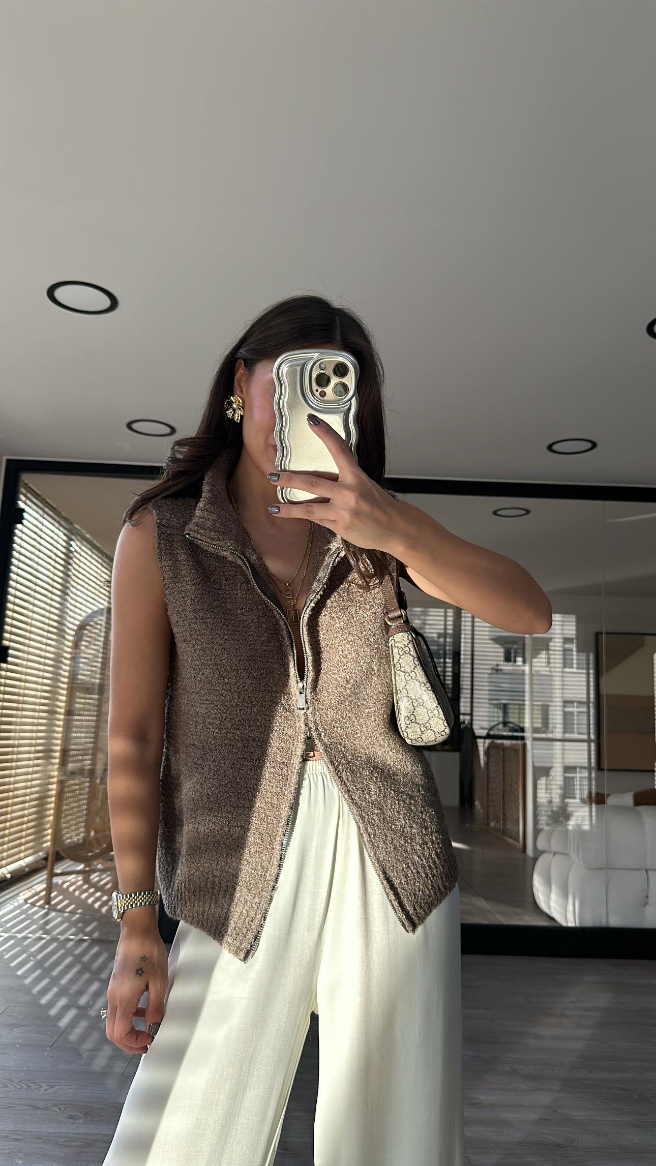 Kahve Çift Fermuarlı Triko Yelek