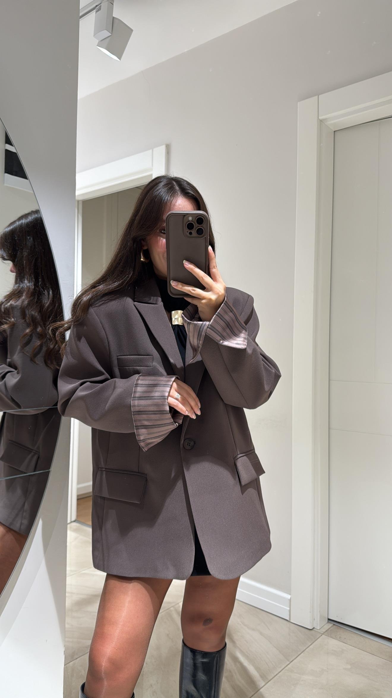 Kahve Çizgili Astarlı Dikiş Detaylı Blazer Ceket