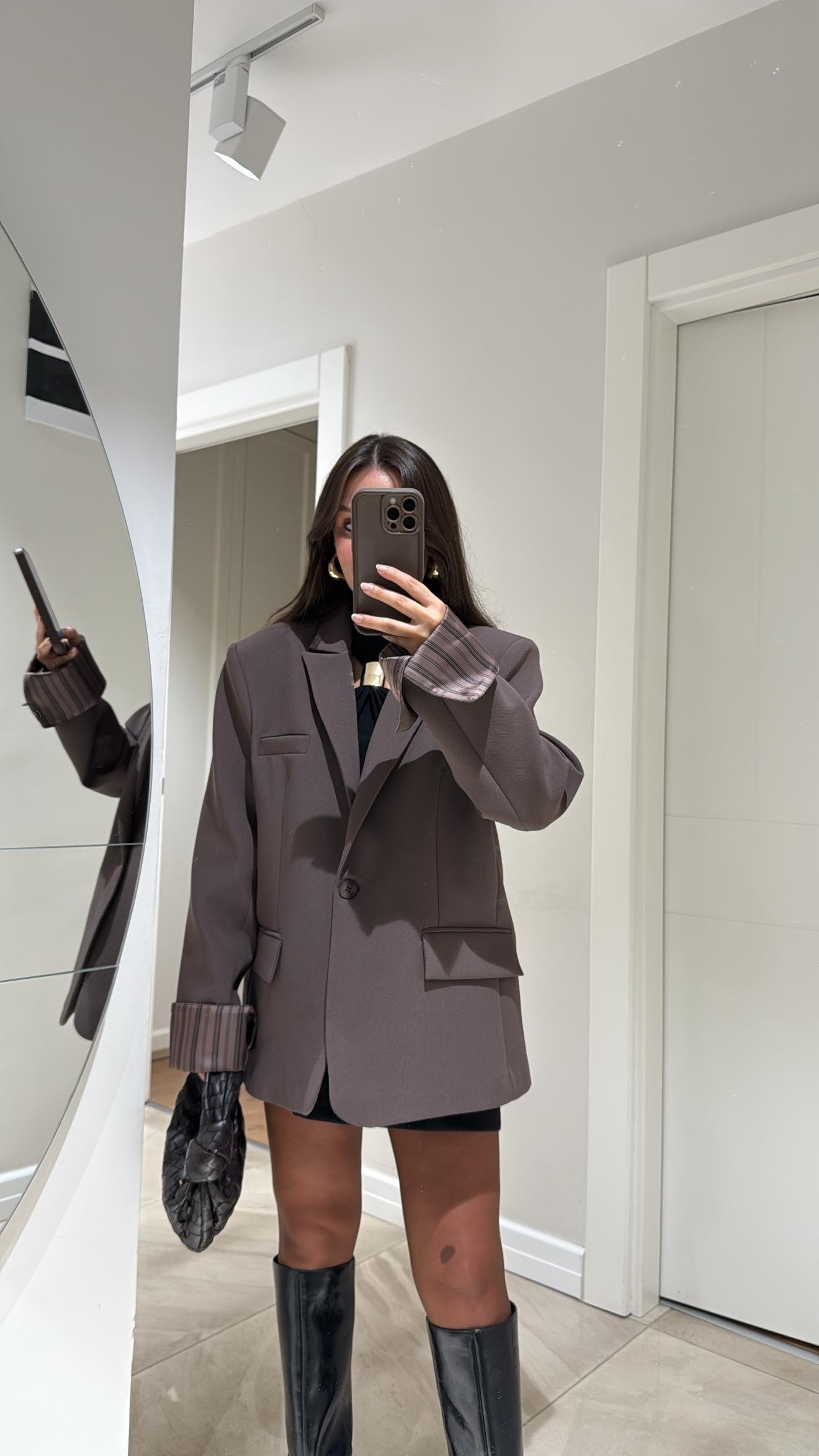 Kahve Çizgili Astarlı Dikiş Detaylı Blazer Ceket