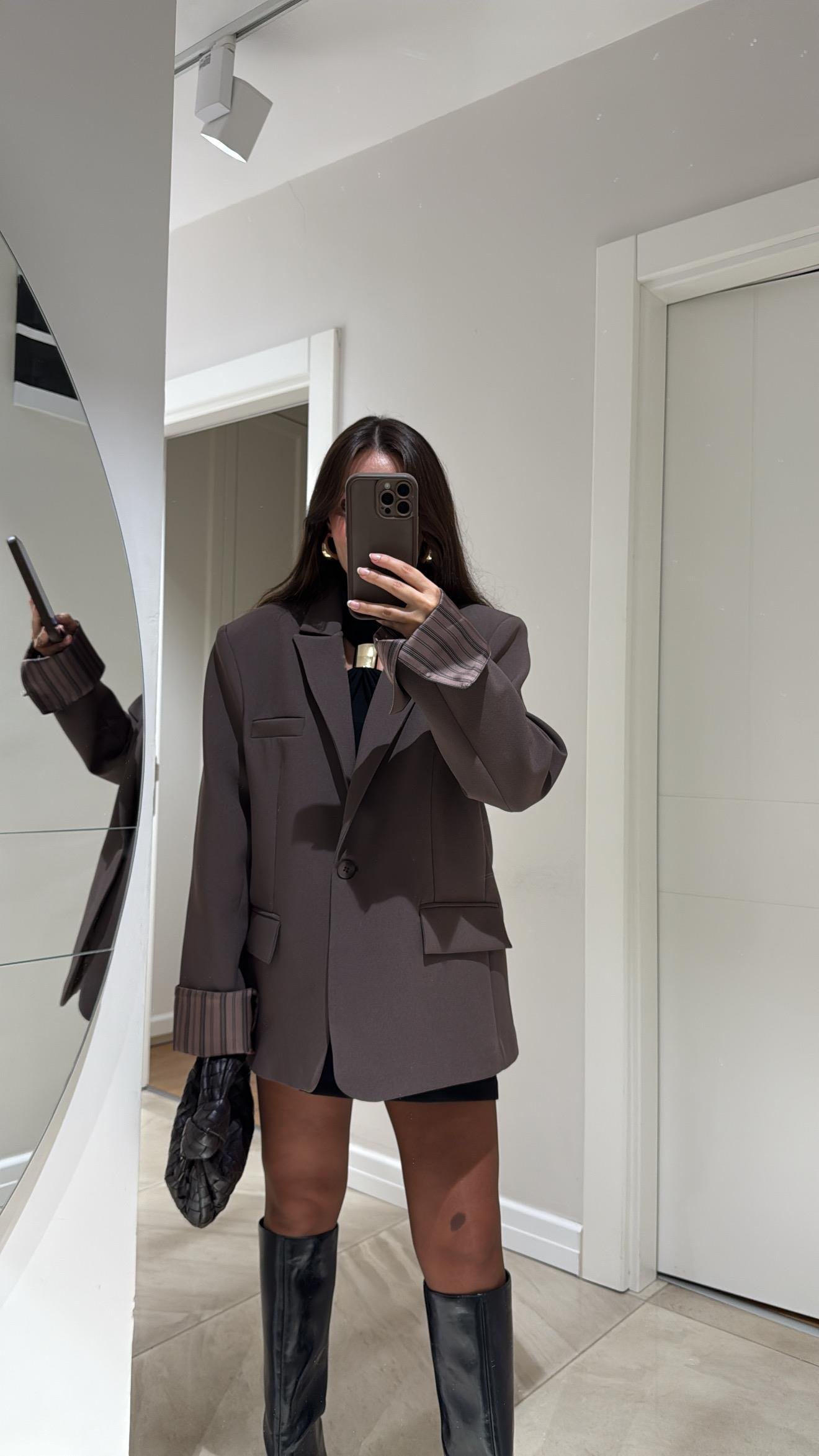 Kahve Çizgili Astarlı Dikiş Detaylı Blazer Ceket