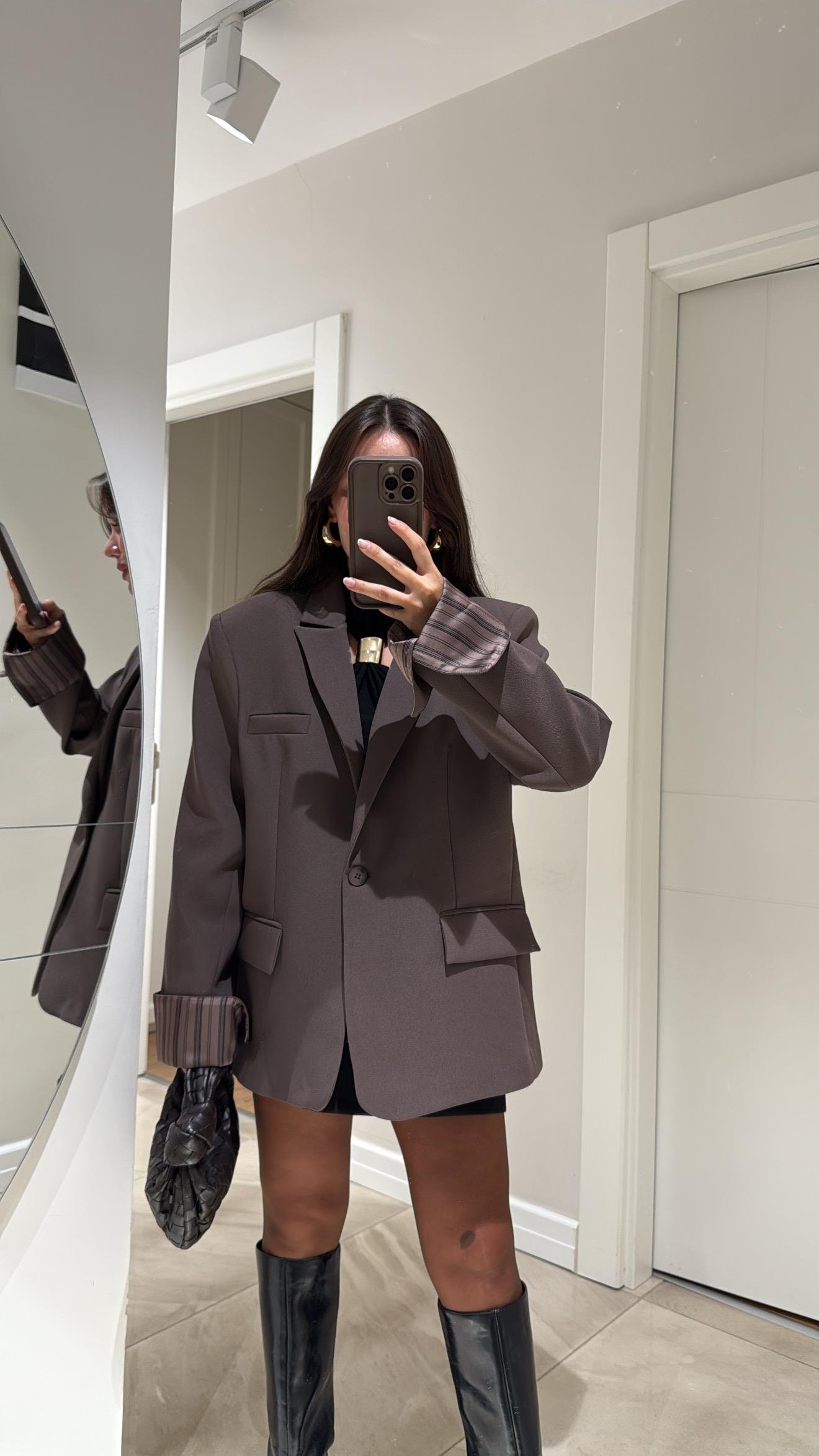 Kahve Çizgili Astarlı Dikiş Detaylı Blazer Ceket