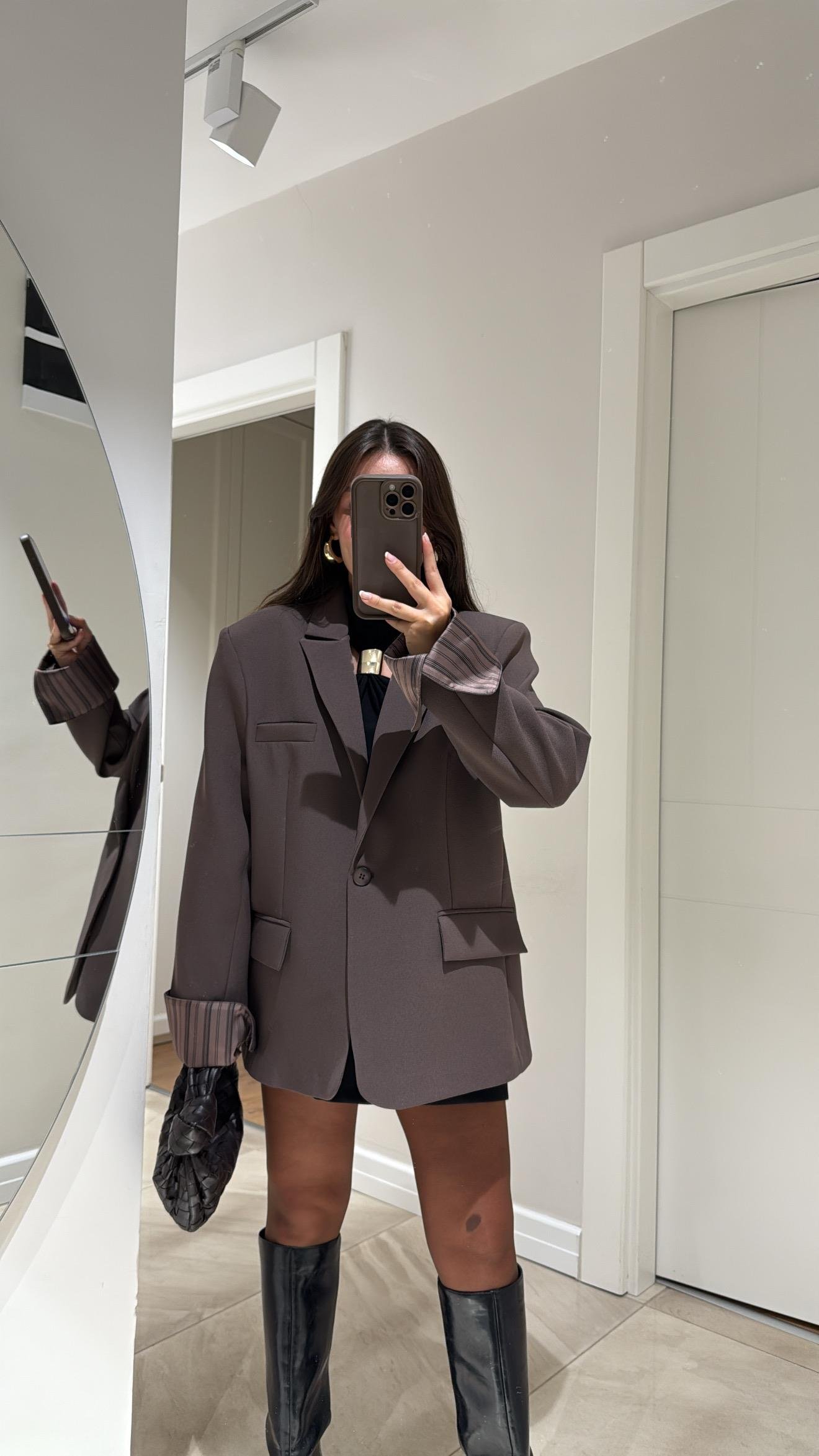 Kahve Çizgili Astarlı Dikiş Detaylı Blazer Ceket