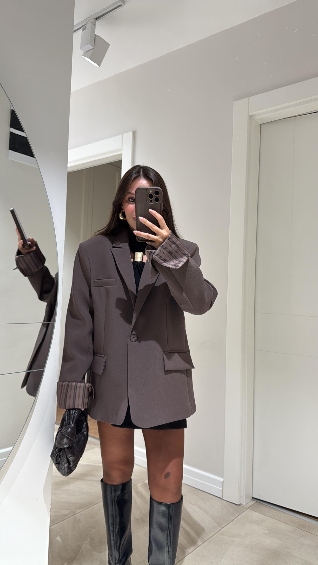 Kahve Çizgili Astarlı Dikiş Detaylı Blazer Ceket