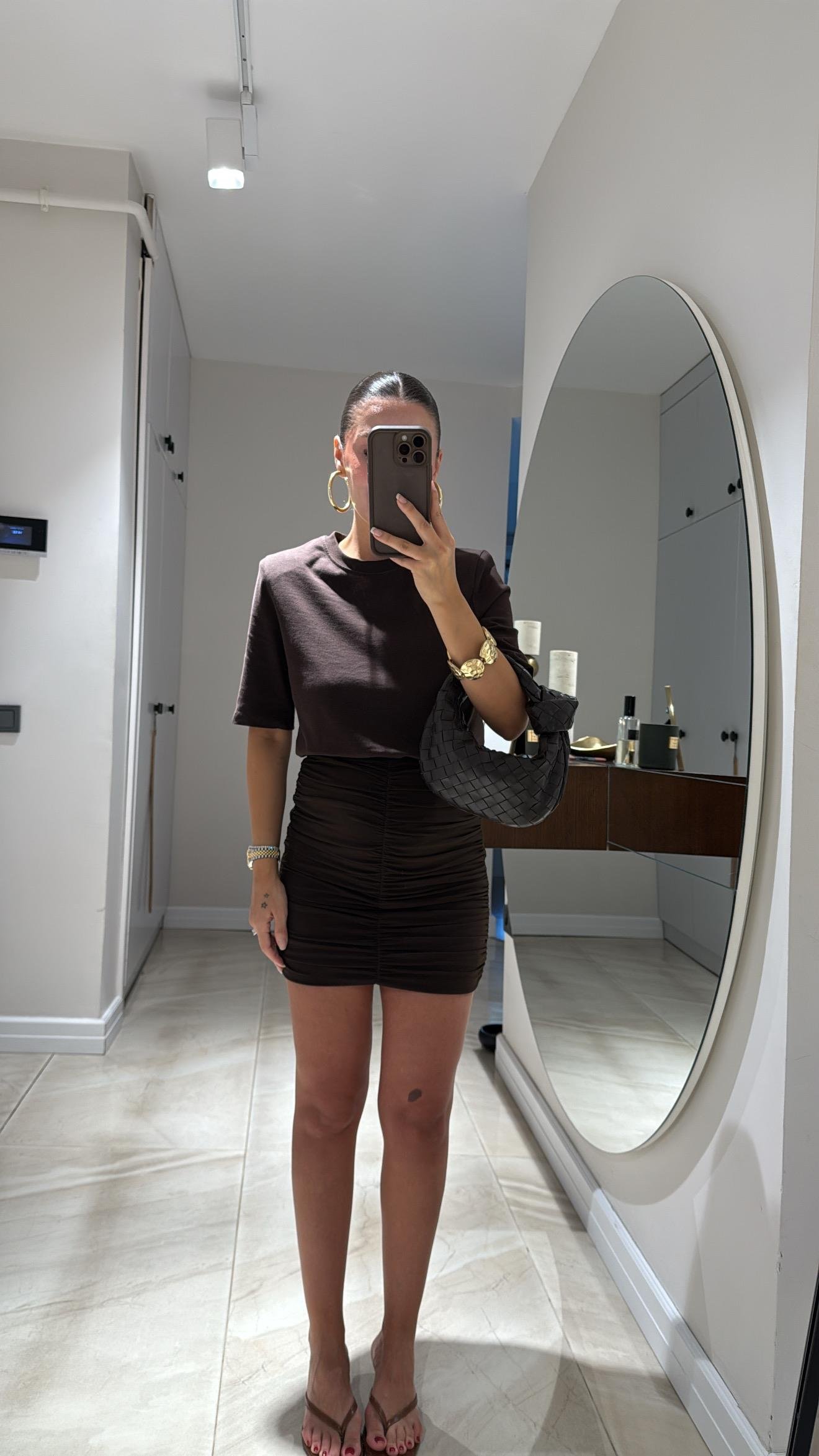 Kahve Drapeli Mini Etek 