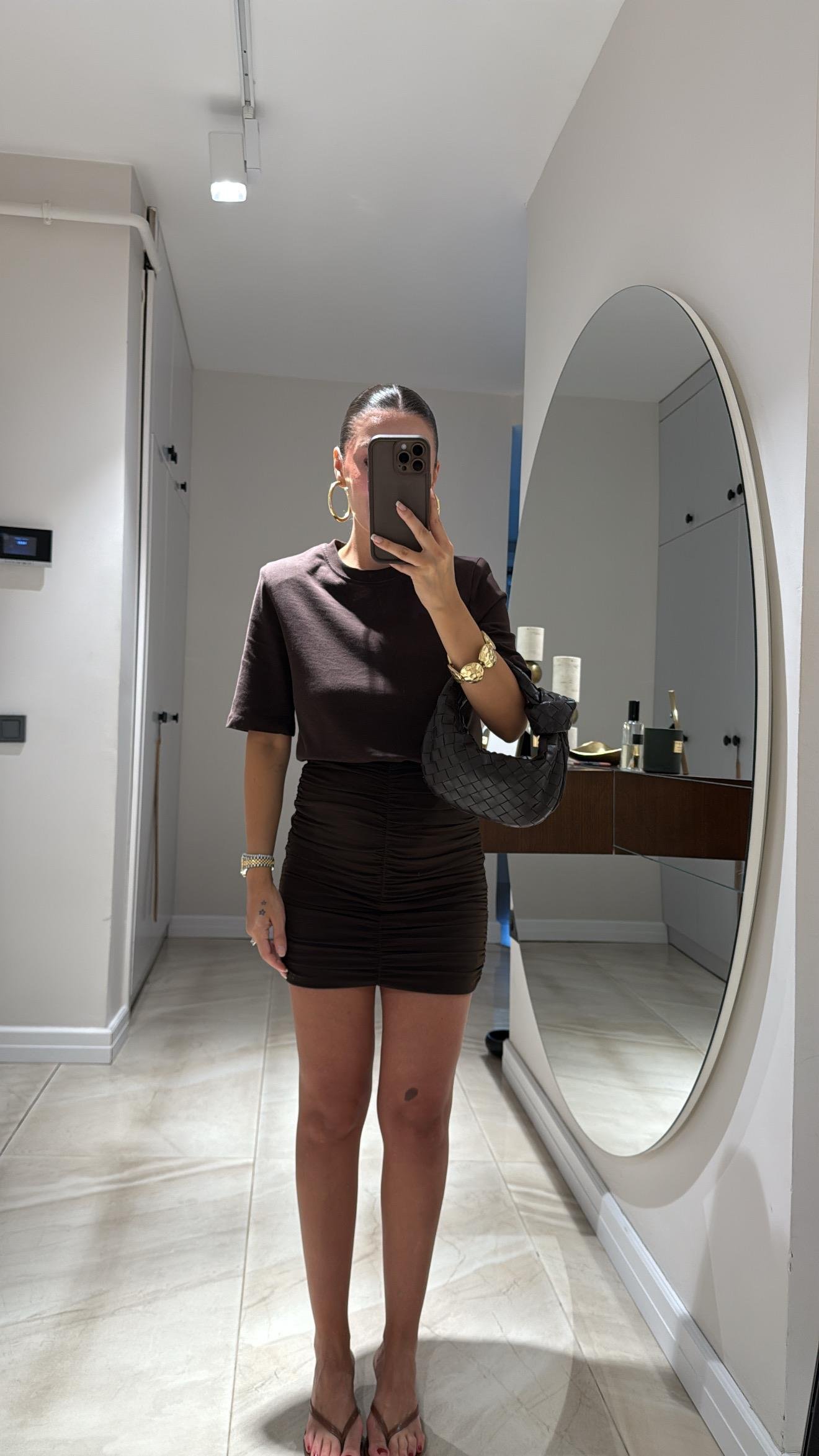 Kahve Drapeli Mini Etek 