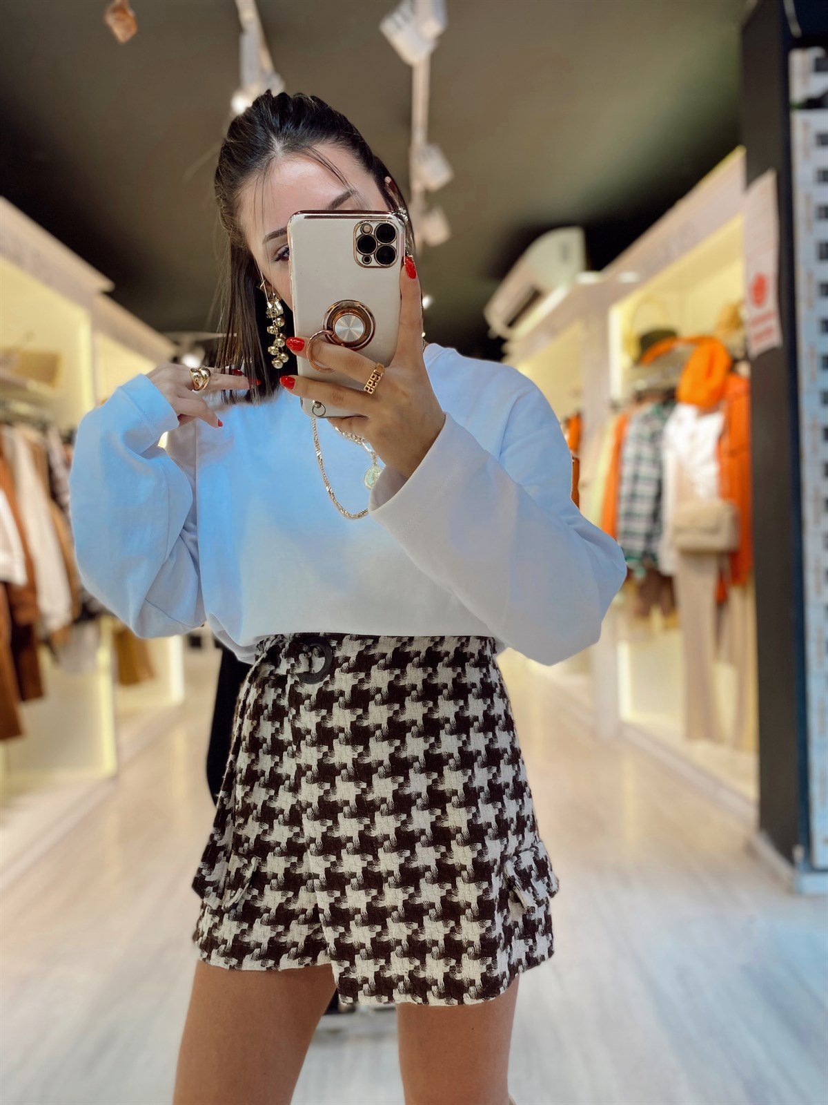 Kahve Ekru Kemer Detaylı Şortlu Etek