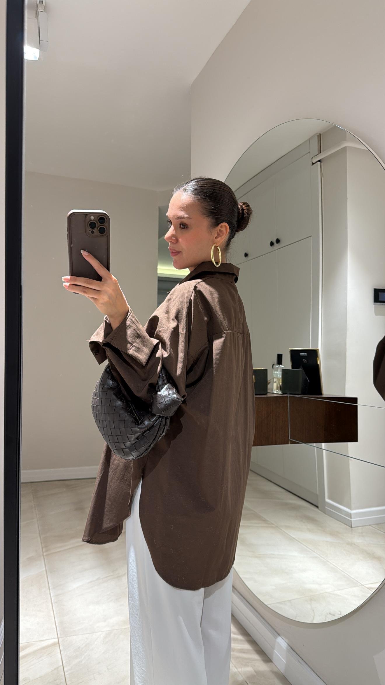 Kahve Gizli Düğme Detaylı Oversize Gömlek