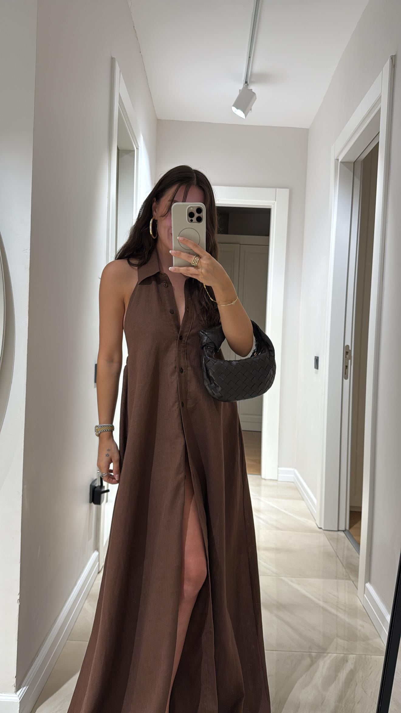 Kahve Halter Yaka Düğmeli Keten Elbise