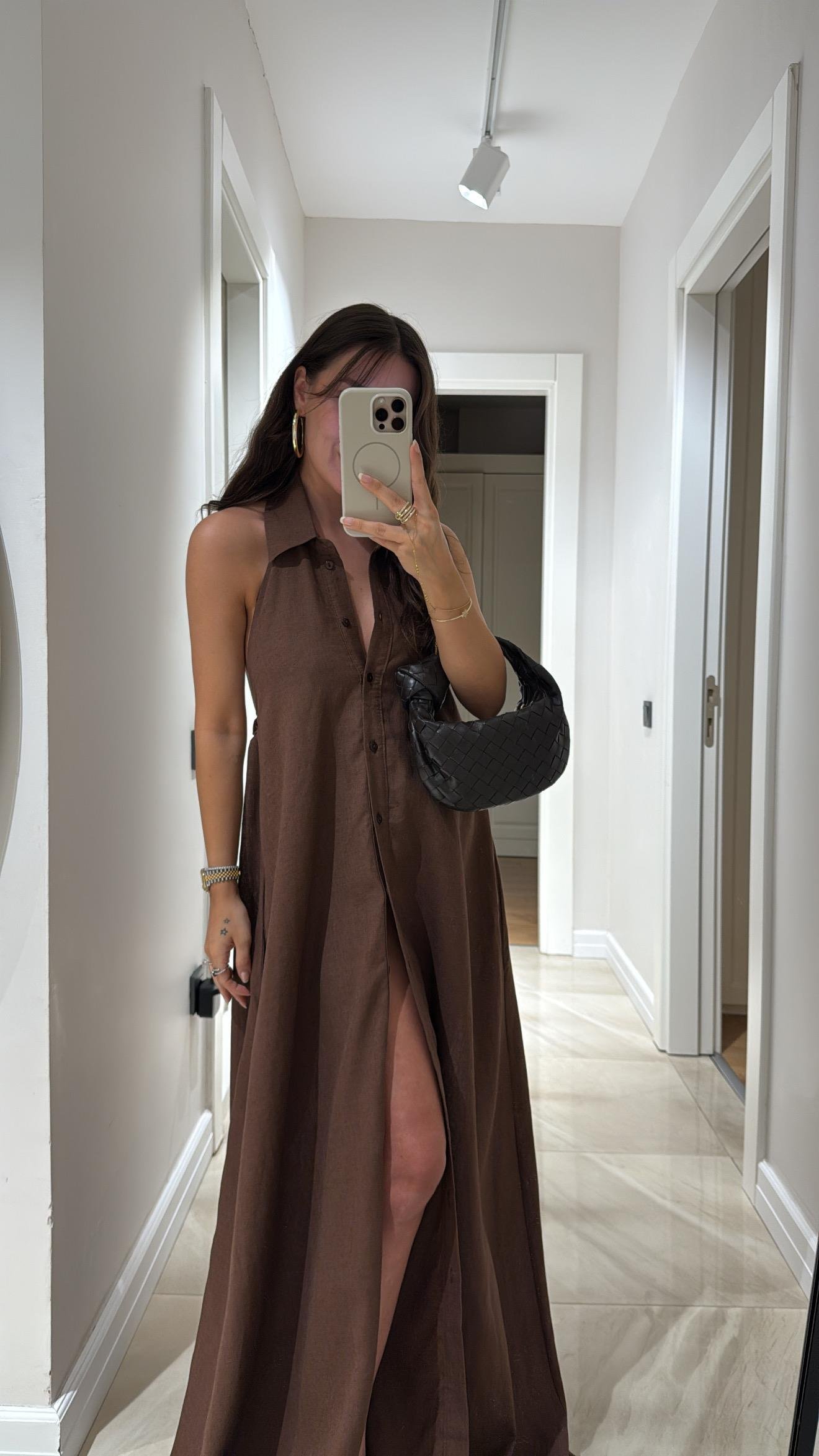 Kahve Halter Yaka Düğmeli Keten Elbise