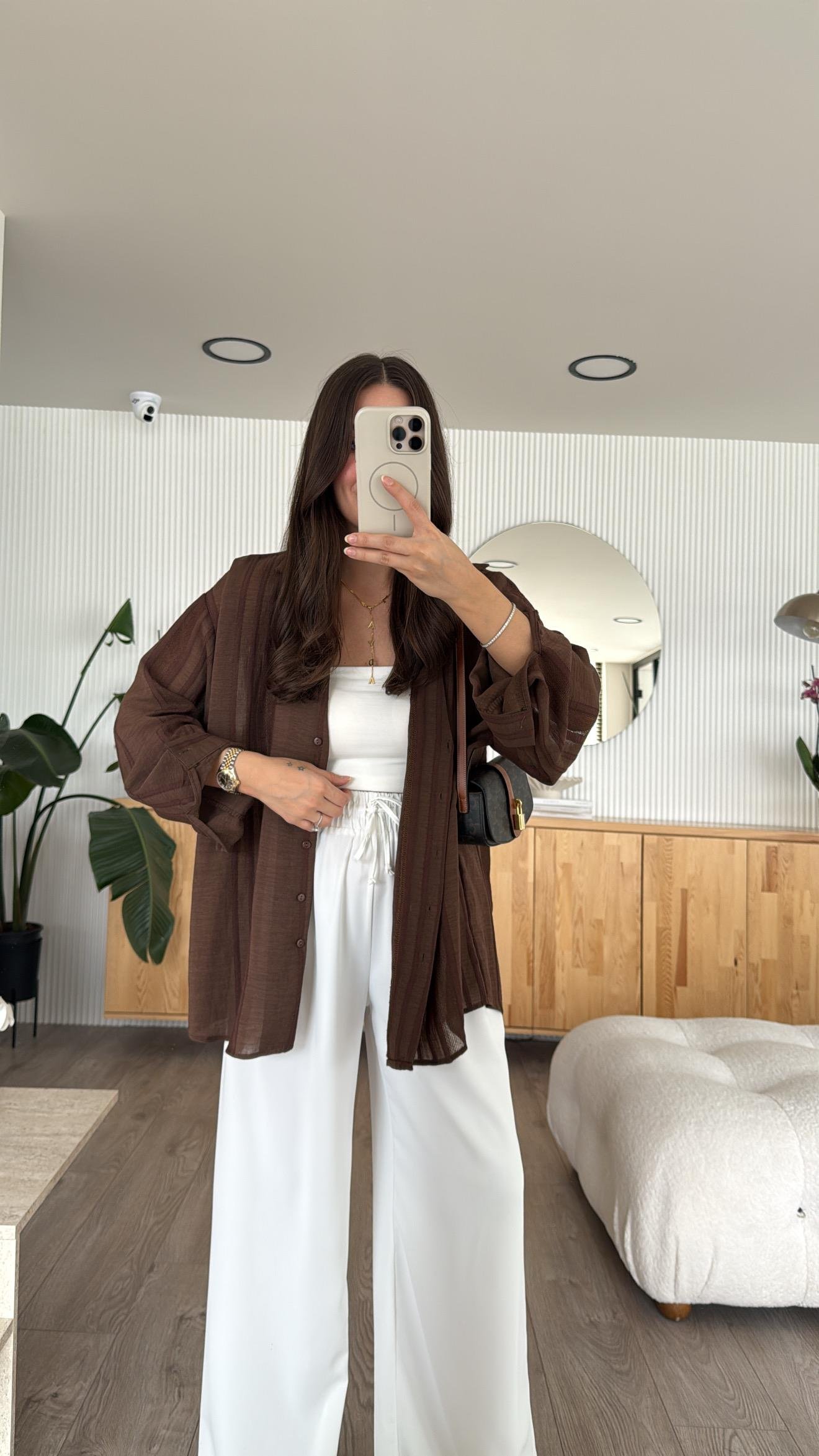 Kahve Kendinden Desenli Transparan Gömlek